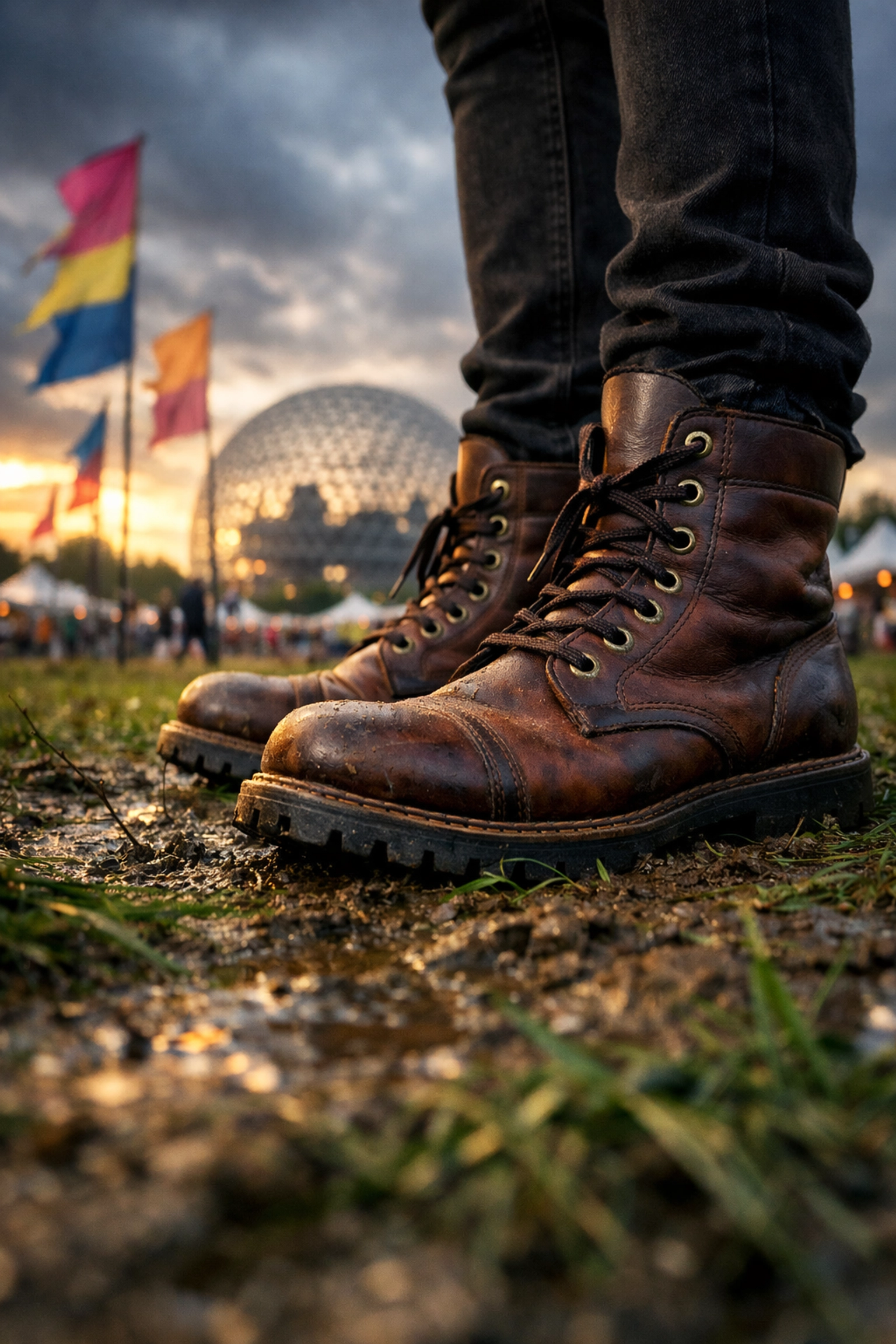 Sturdy boots on the grass at Parc Jean-Drapeau with the Biosphere visible during a Montreal summer festival.
