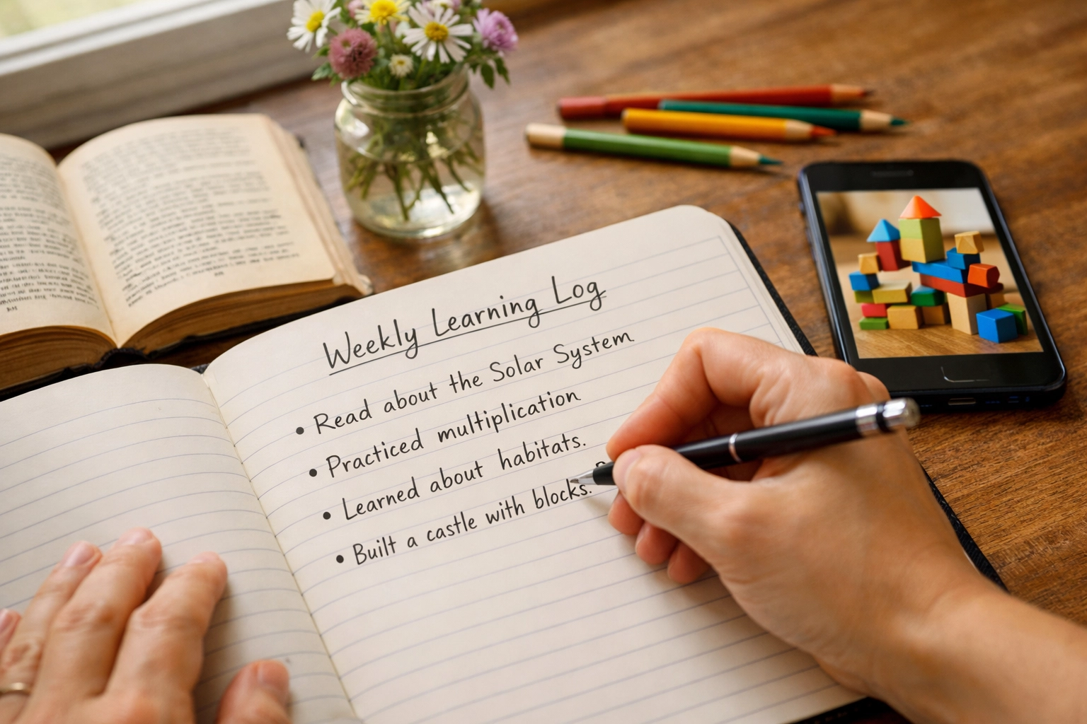 Homeschool parent writing weekly learning log in notebook with educational materials