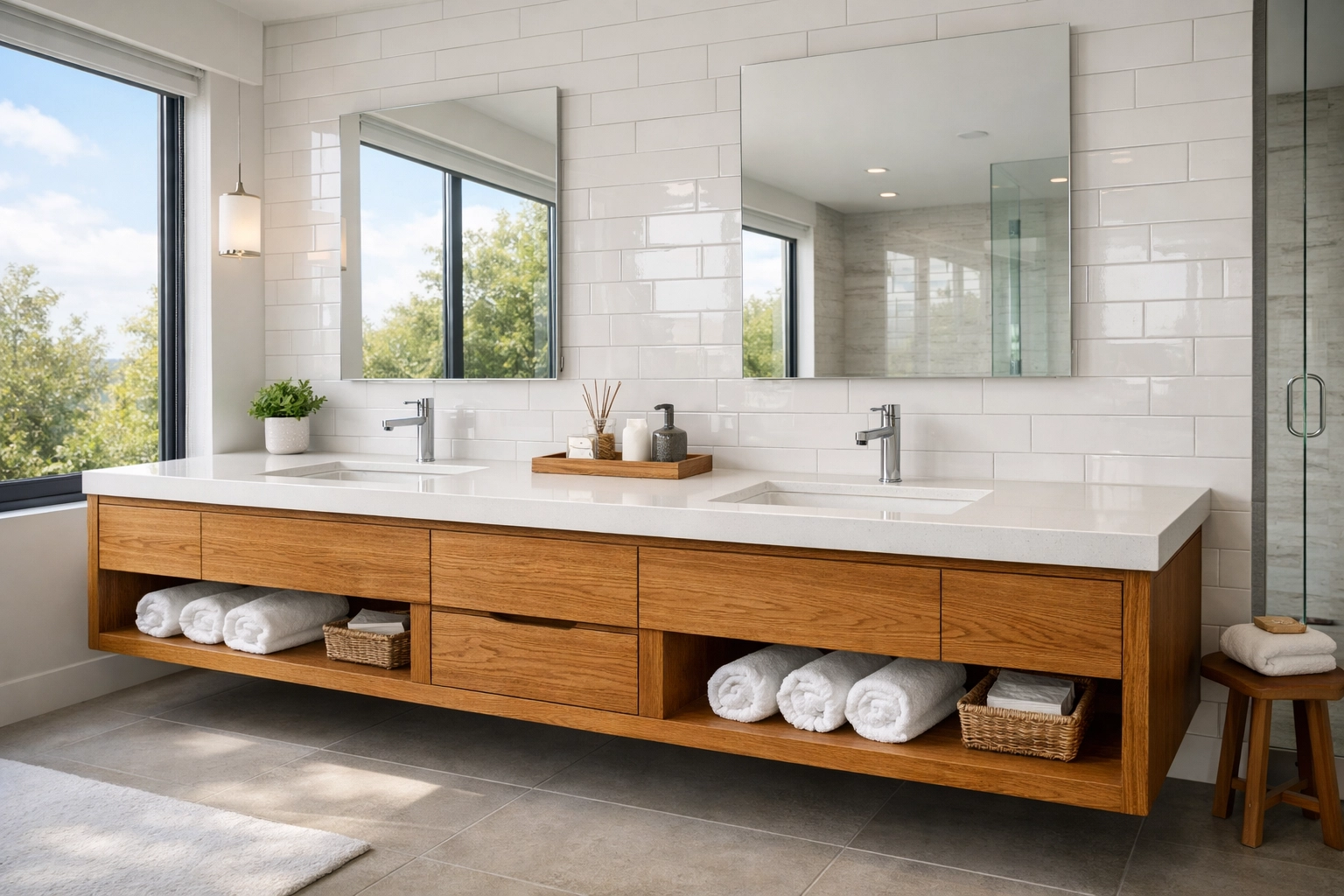 Modern custom bathroom vanities in rift-sawn oak for a spa-like Minnesota remodel.
