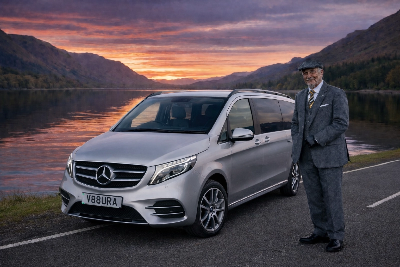 Chauffeur in traditional tweed beside a luxury vehicle by a serene Scottish loch at sunset.