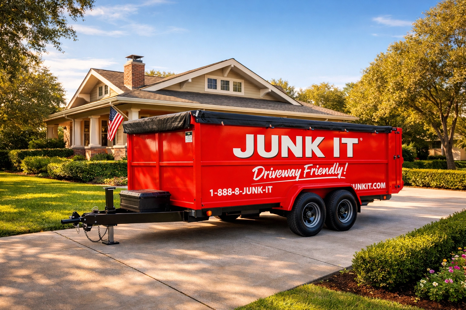 Driveway friendly mobile dumpster rental in Pasadena TX parked on a residential driveway for a property value boost.
