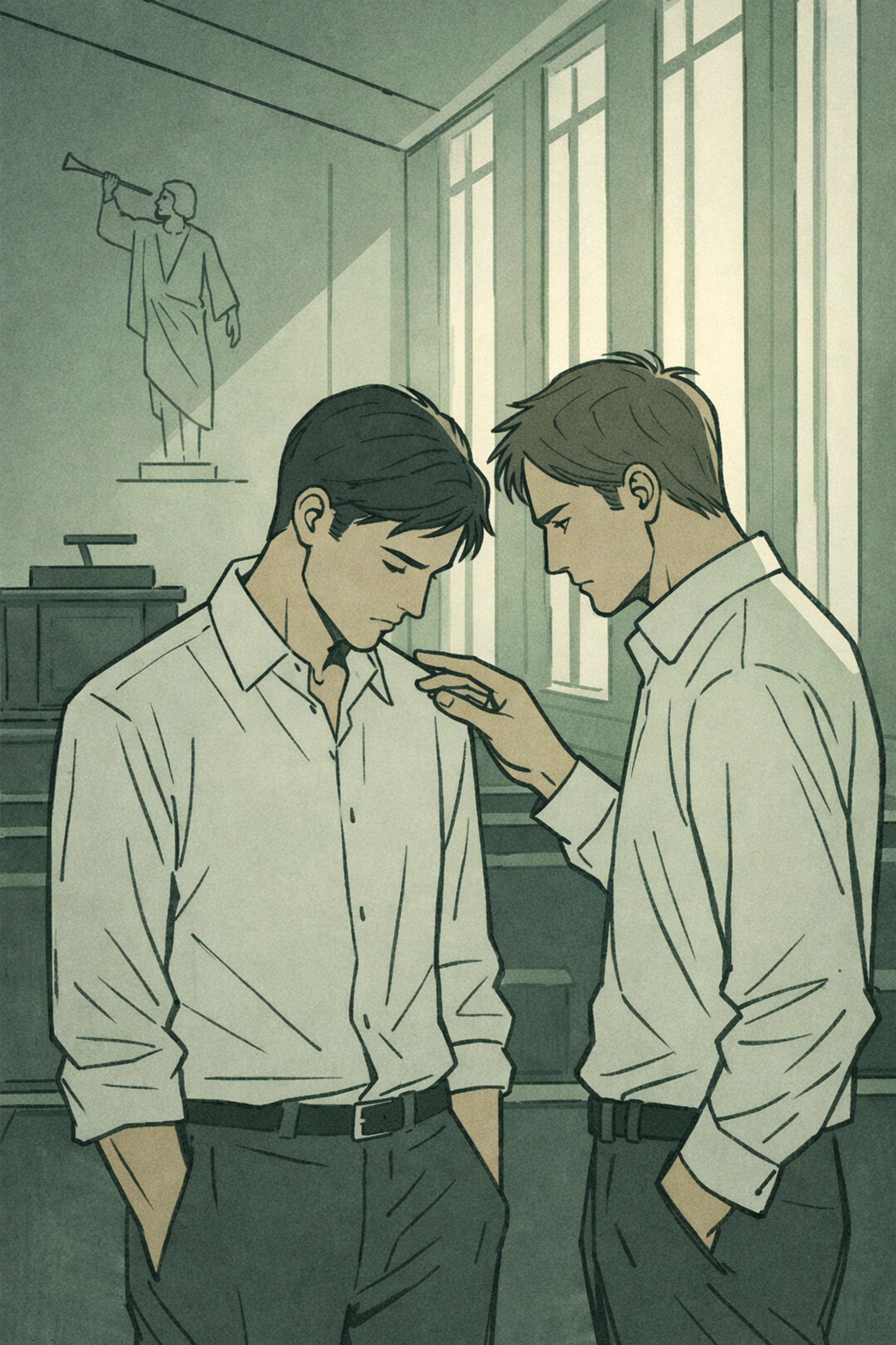 Two men in Mormon chapel illustrating forbidden MM romance and hidden gay love in religious community