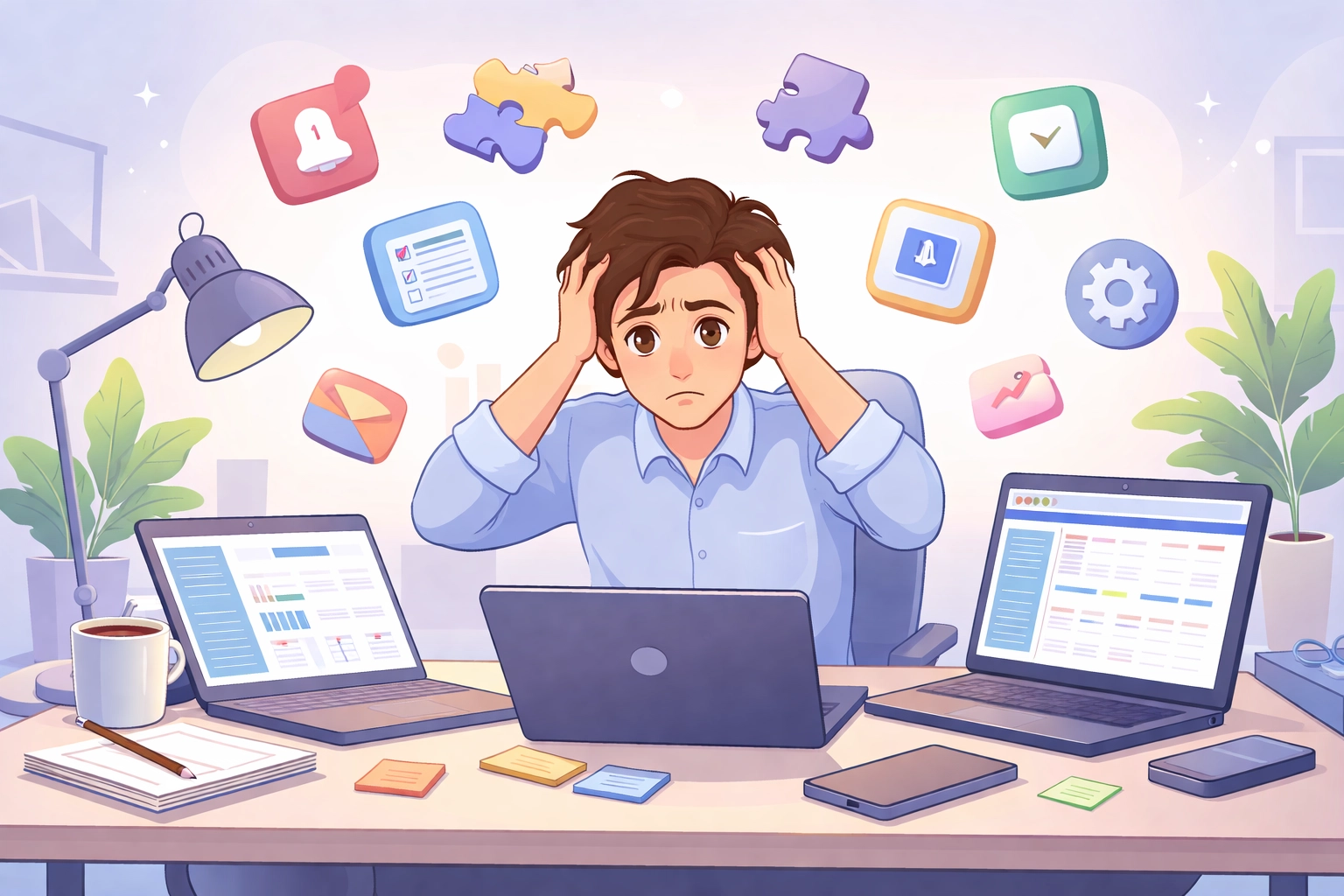 Frustrated office worker switching between multiple business apps, showing workflow fragmentation and inefficiency.