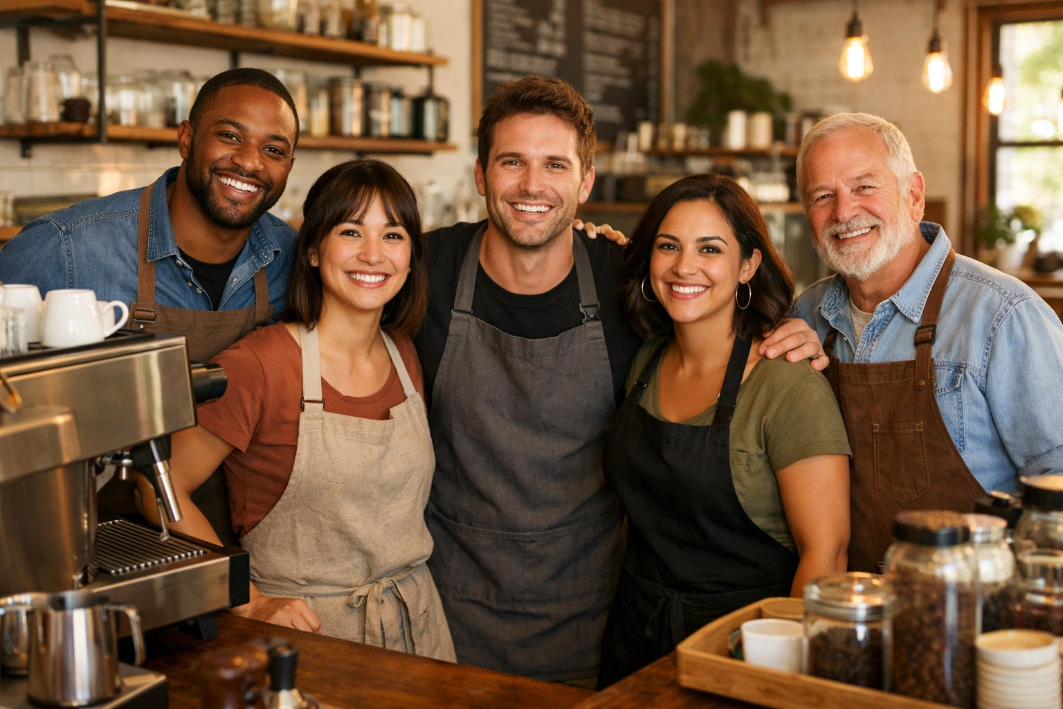 Professional barista team at independent coffee shop