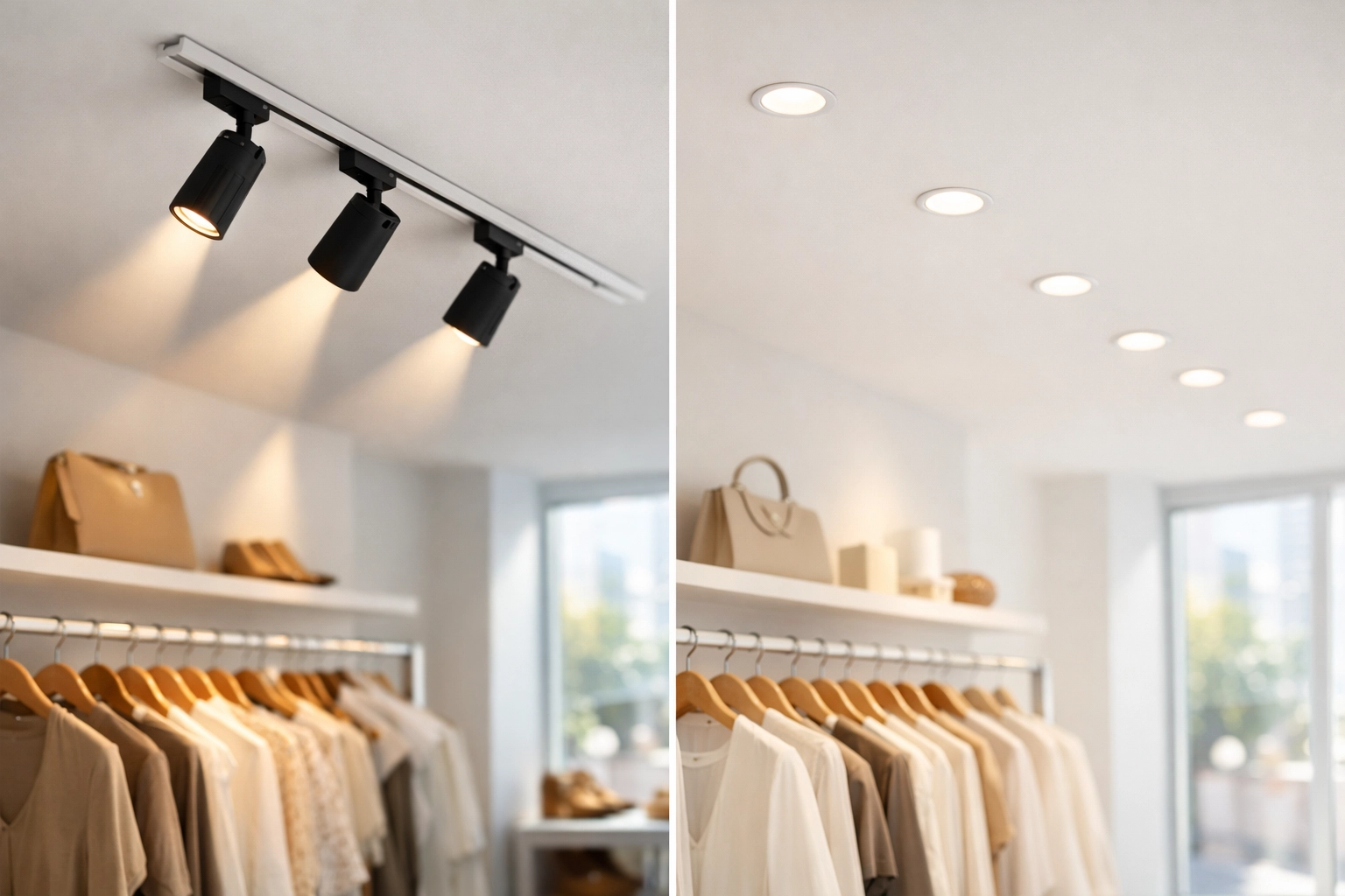 Track lighting and LED downlights side by side in modern retail boutique