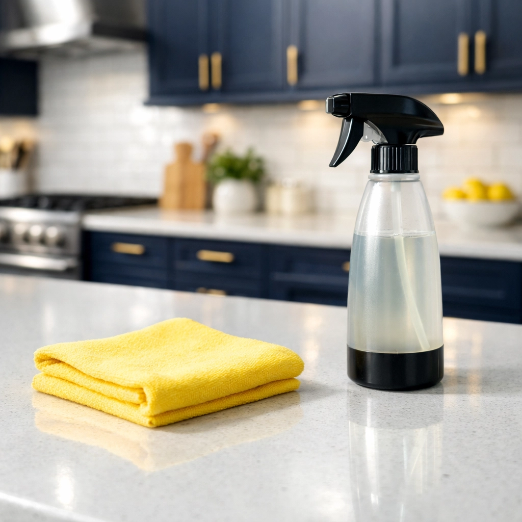 Eco-friendly cleaning supplies on a kitchen island for safe post construction cleaning in Walpole homes.