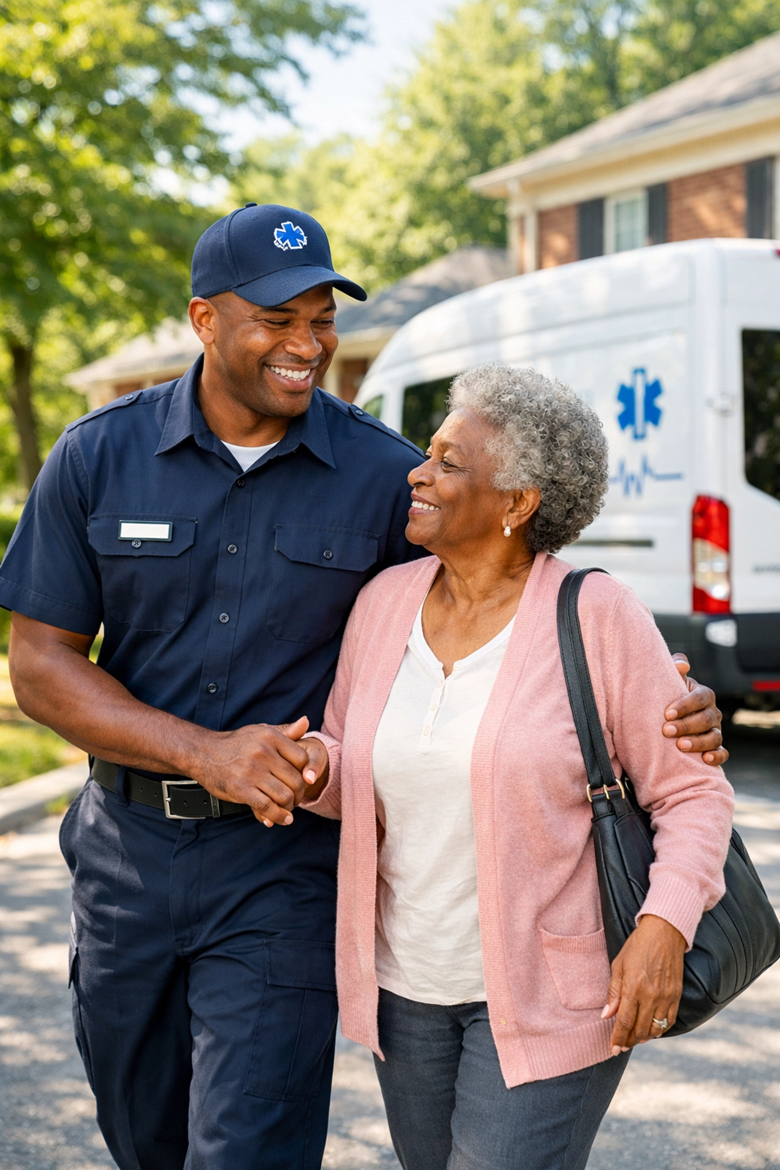 A professional driver assisting a senior passenger into a non emergency medical transportation van in Raleigh NC.