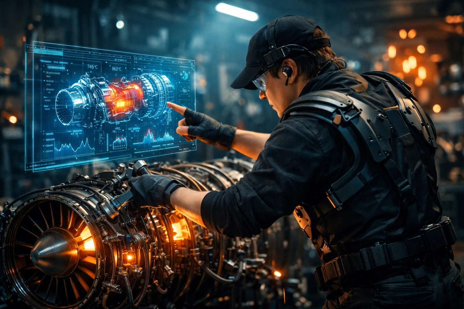 Industrial technician using an exoskeleton and holographic data to repair a complex robotic engine.