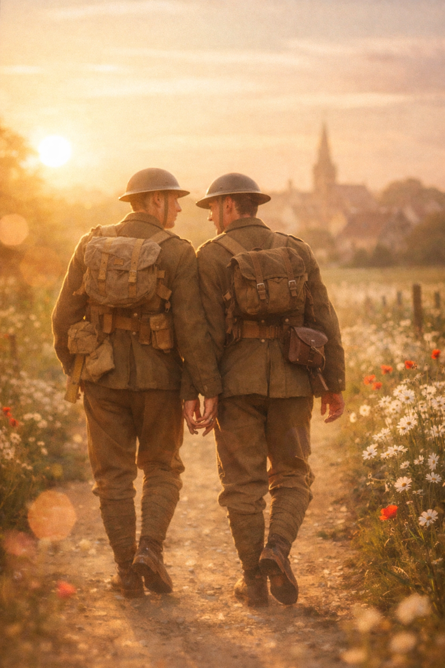 WWI soldiers walking side by side on French country road during brief rest from trenches