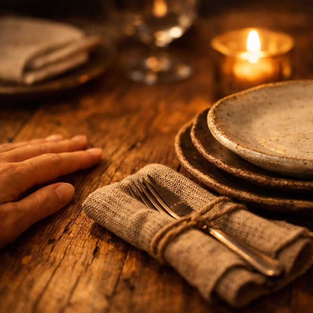 Natural wood table with linen napkins and handcrafted ceramic plates in candlelight showing tactile design