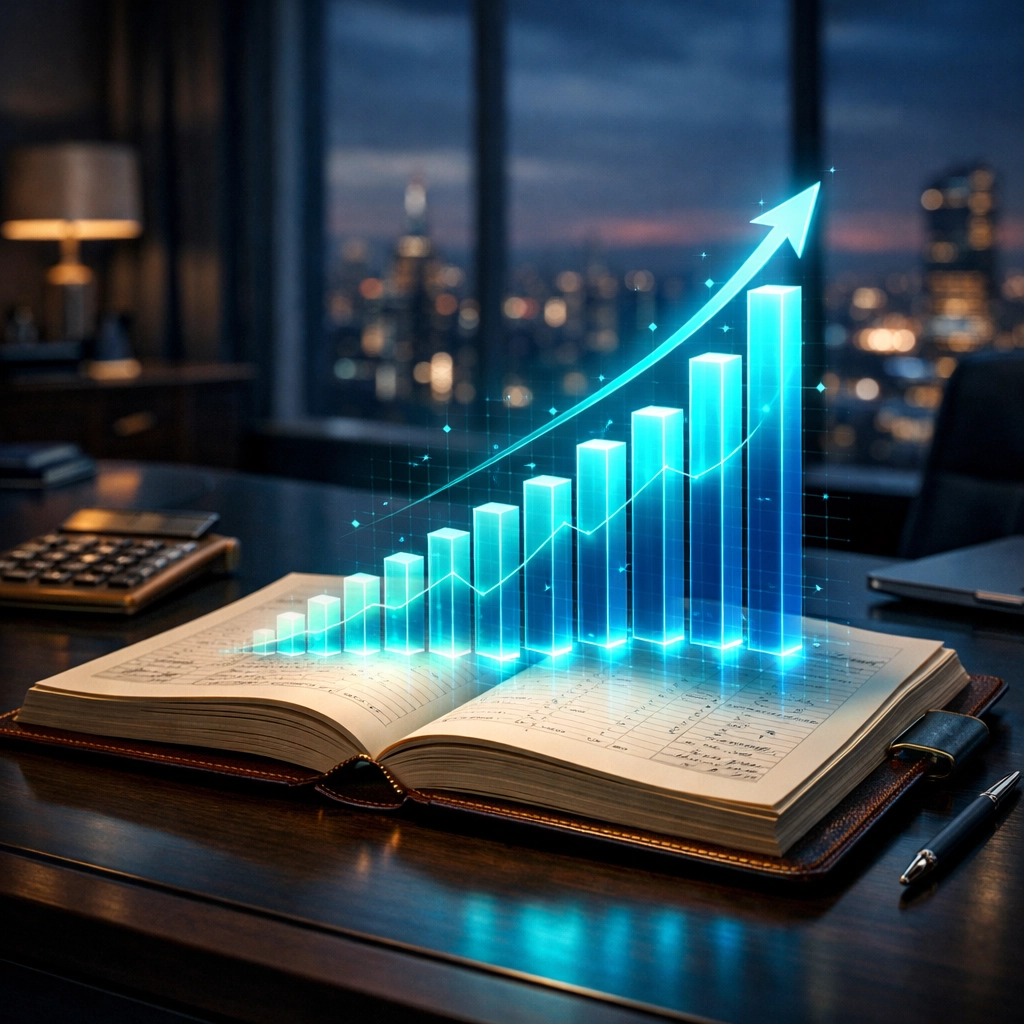 Holographic growth chart over a CPA ledger representing data-driven marketing for accounting firms.