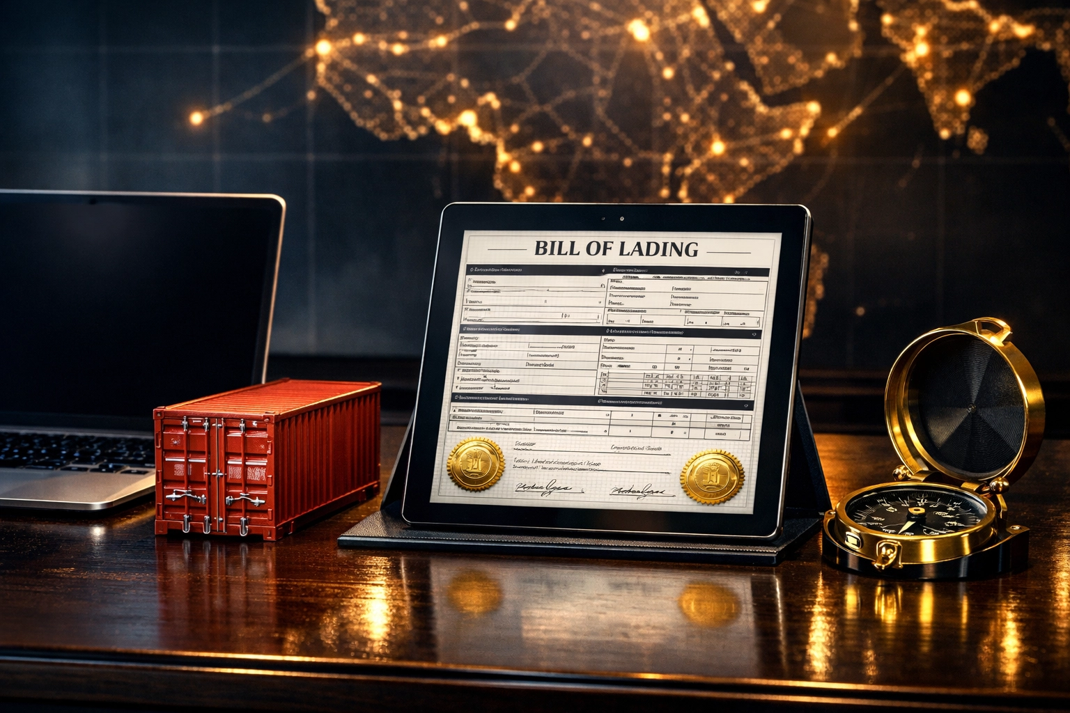 Digital shipping waiver documents and HS code classification on a modern desk with an African trade map.