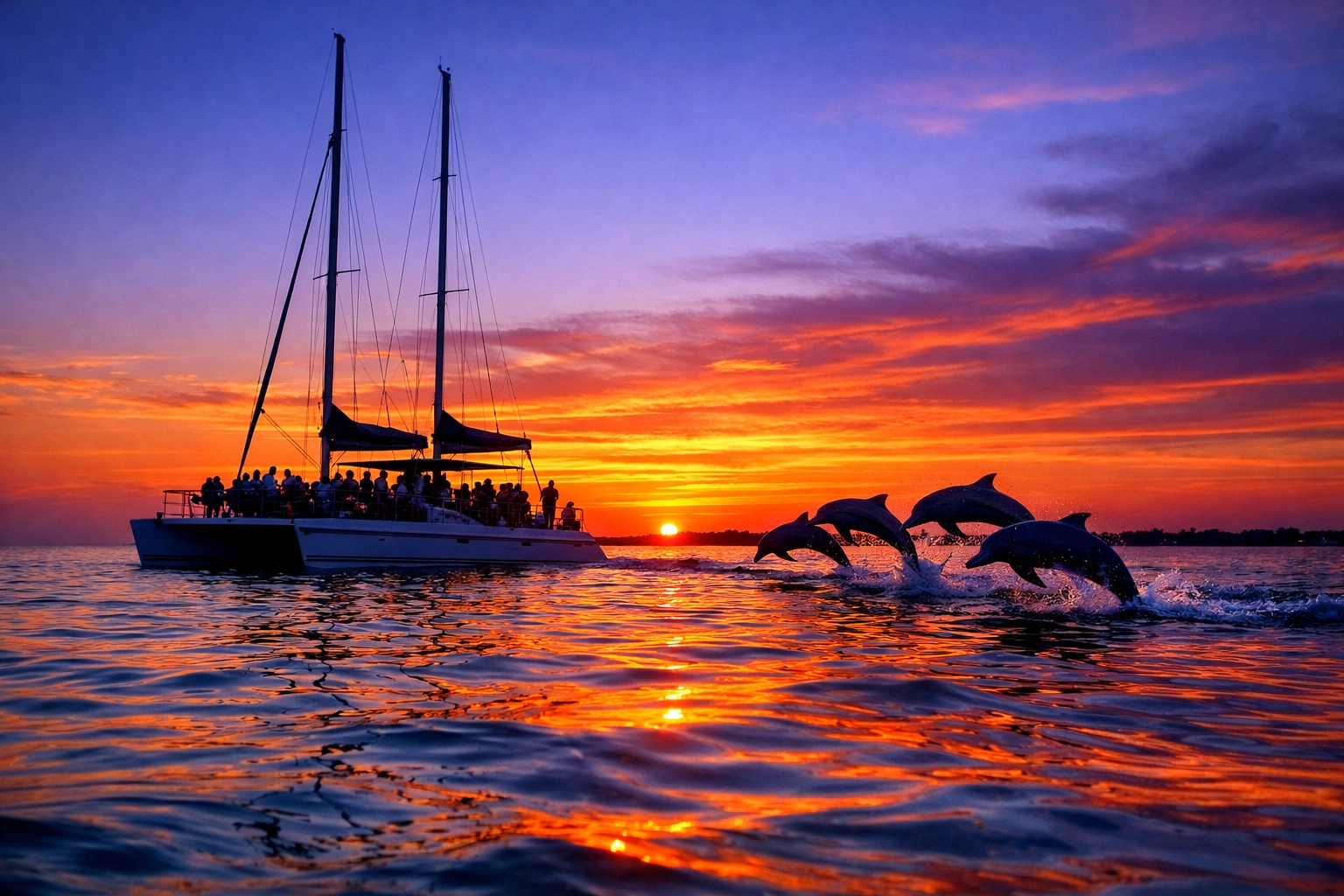 Sunset cruise catamaran with dolphins jumping in wake near Fort Myers Beach, Lee County Florida