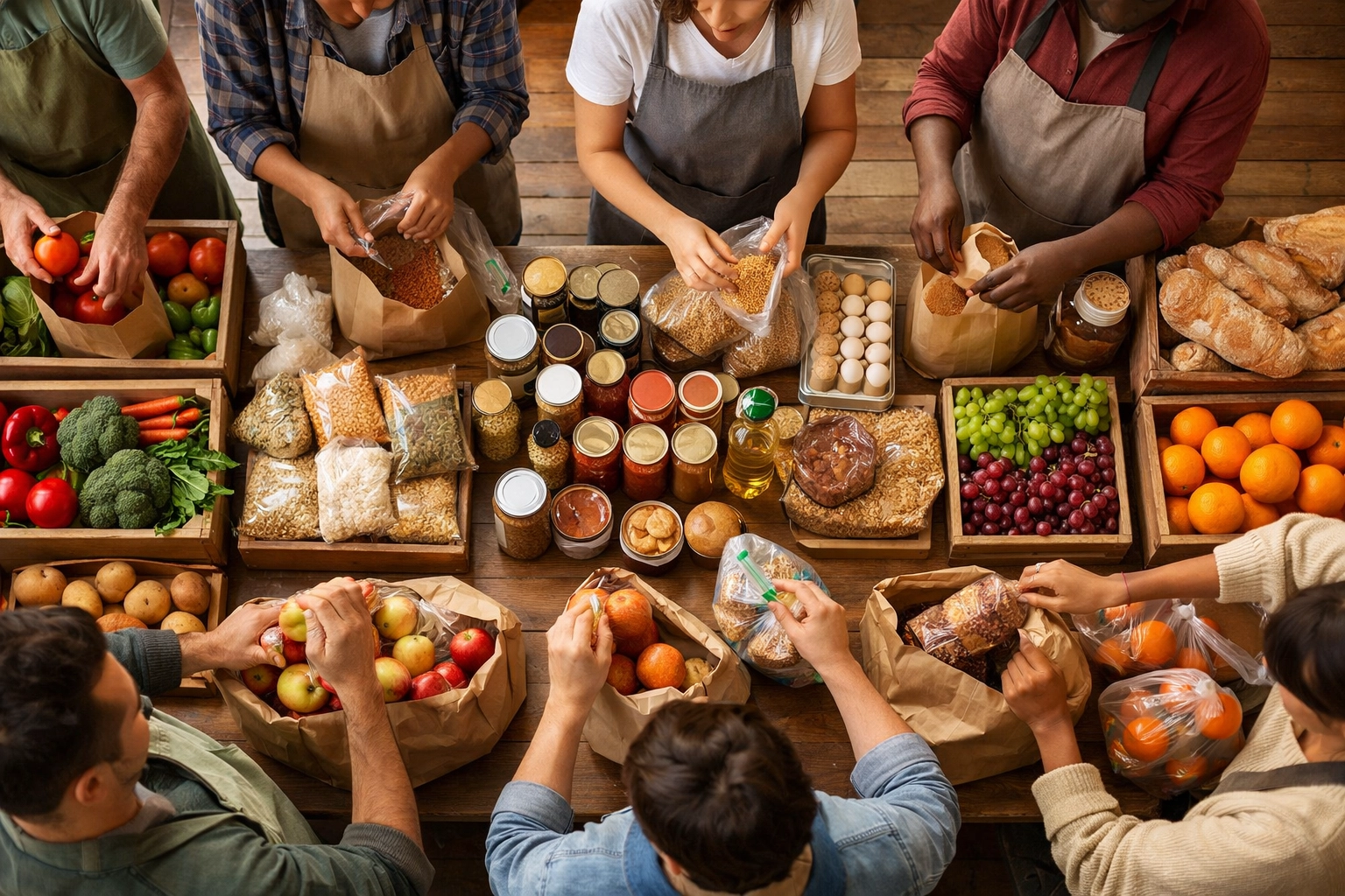 Volunteers organize fresh food donations at community distribution center
