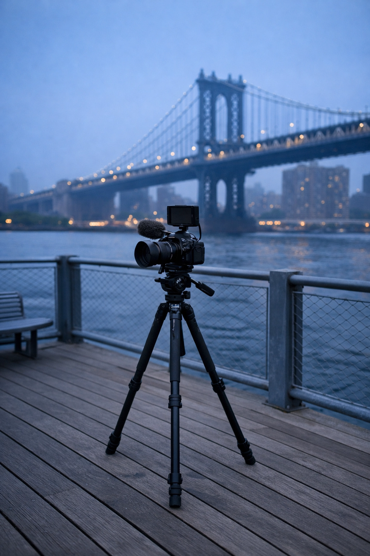 Camera gear on a tripod at Pier 15 during blue hour, illustrating a professional NYC photography workshop.