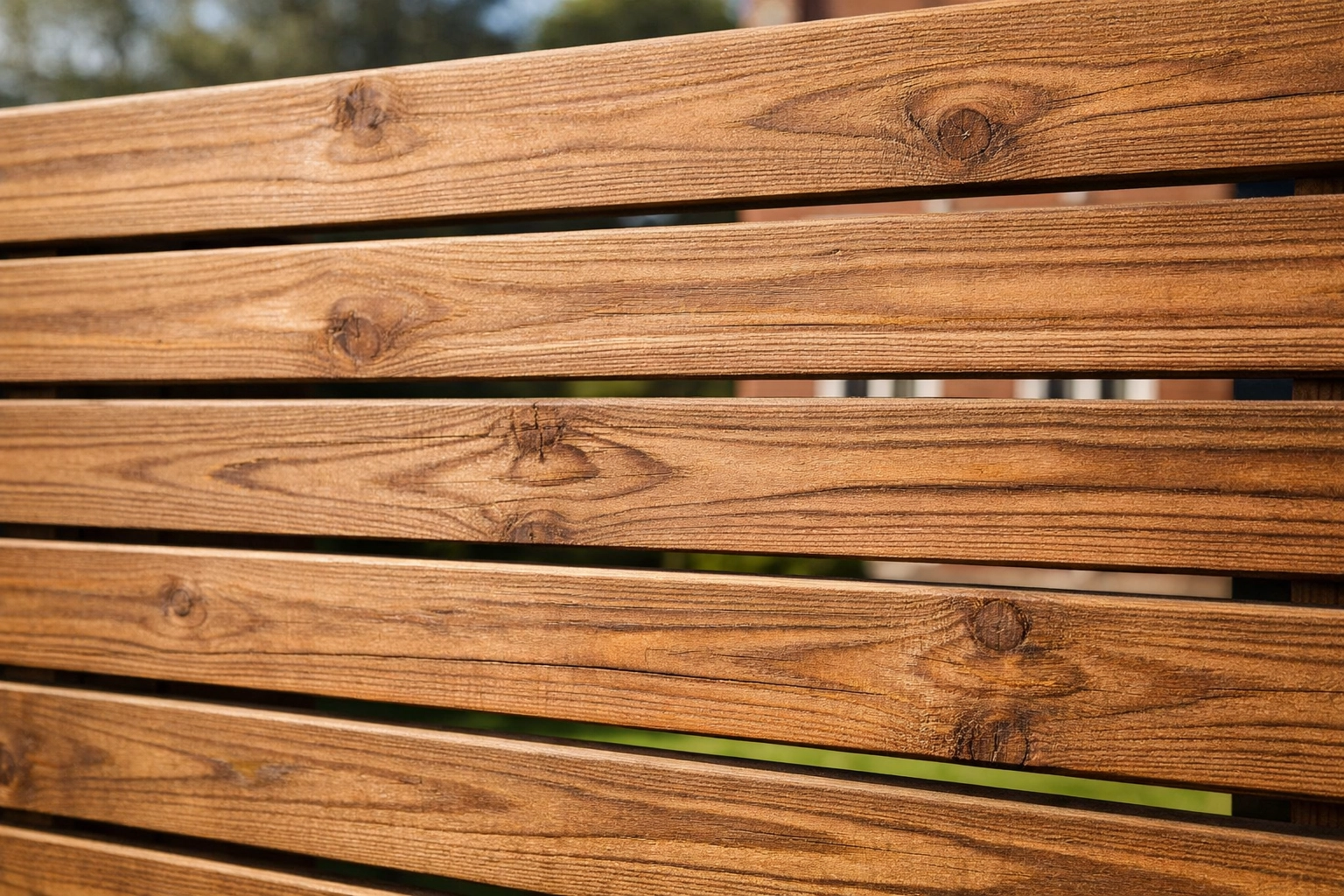 Close-up of premium slatted timber fencing in a Manchester garden showcasing high-quality wood grain and modern design.