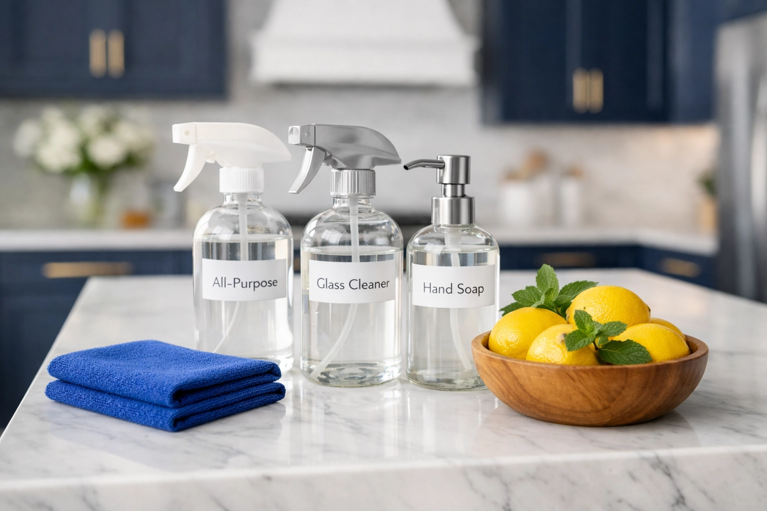 Eco-friendly residential cleaning Massachusetts supplies on a luxury marble kitchen counter in Dover.