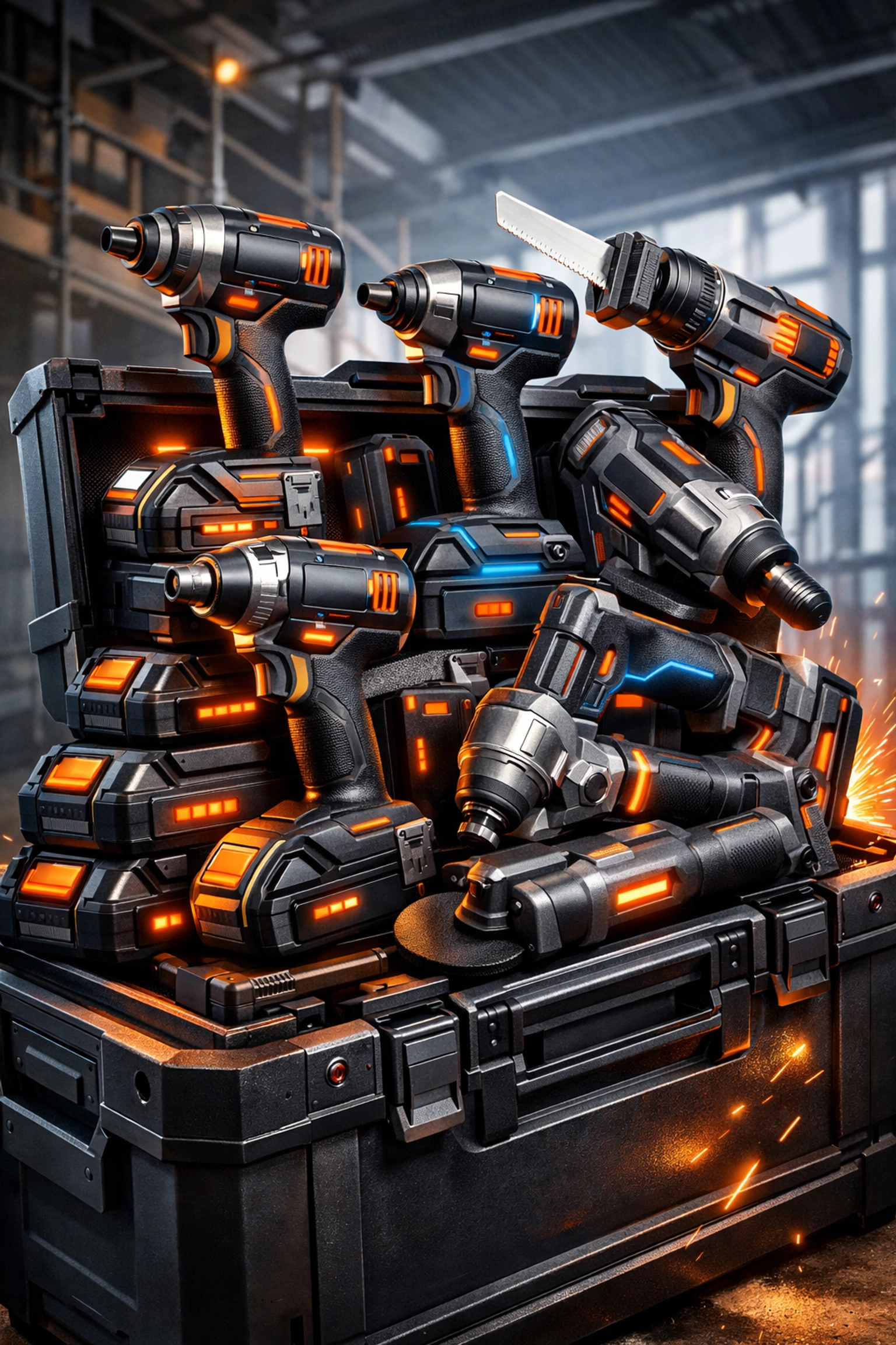 Professional power tools and batteries stored in a heavy-duty contractor supply marketplace tool chest.