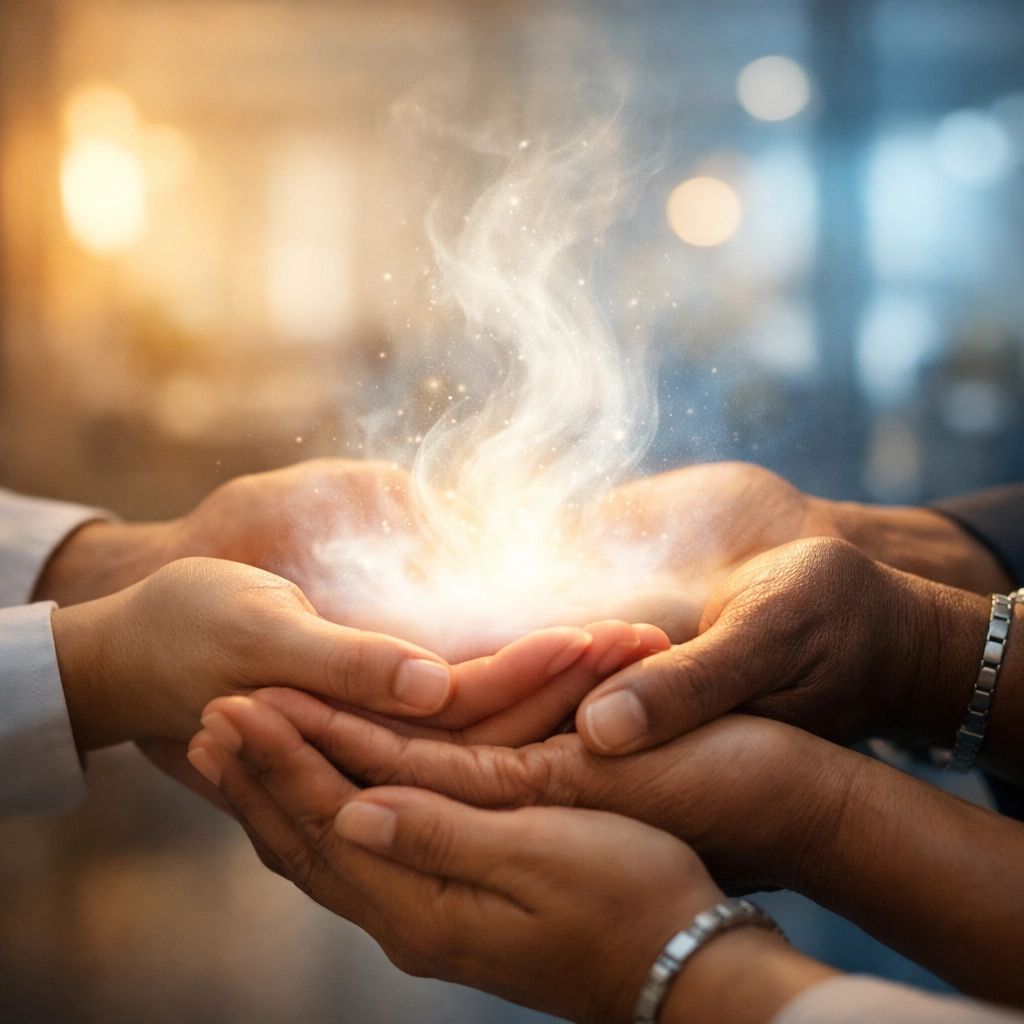 Hands receiving divine light representing Holy Spirit presence in the workplace