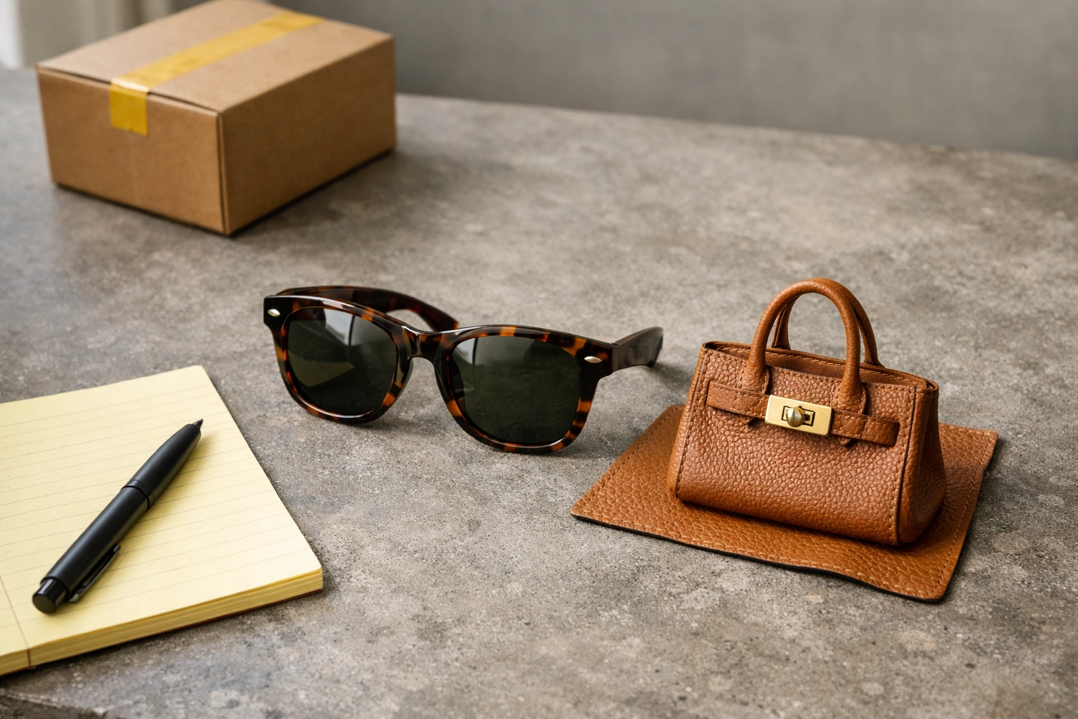 Wholesale product samples of sunglasses and a leather handbag for Amazon FBA sourcing.