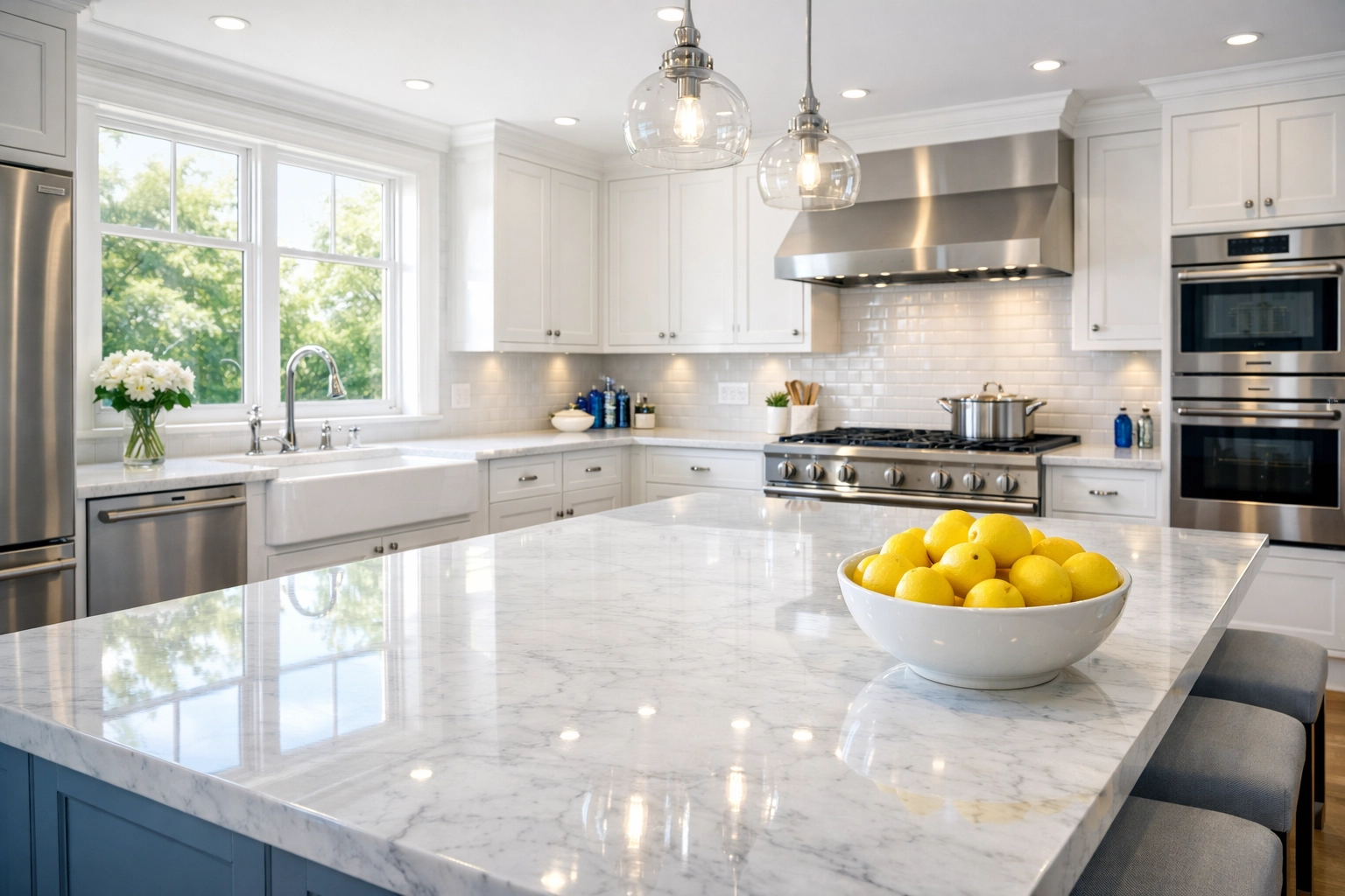 Sparkling deep cleaned luxury kitchen in West Cambridge after a professional move-out cleaning service.