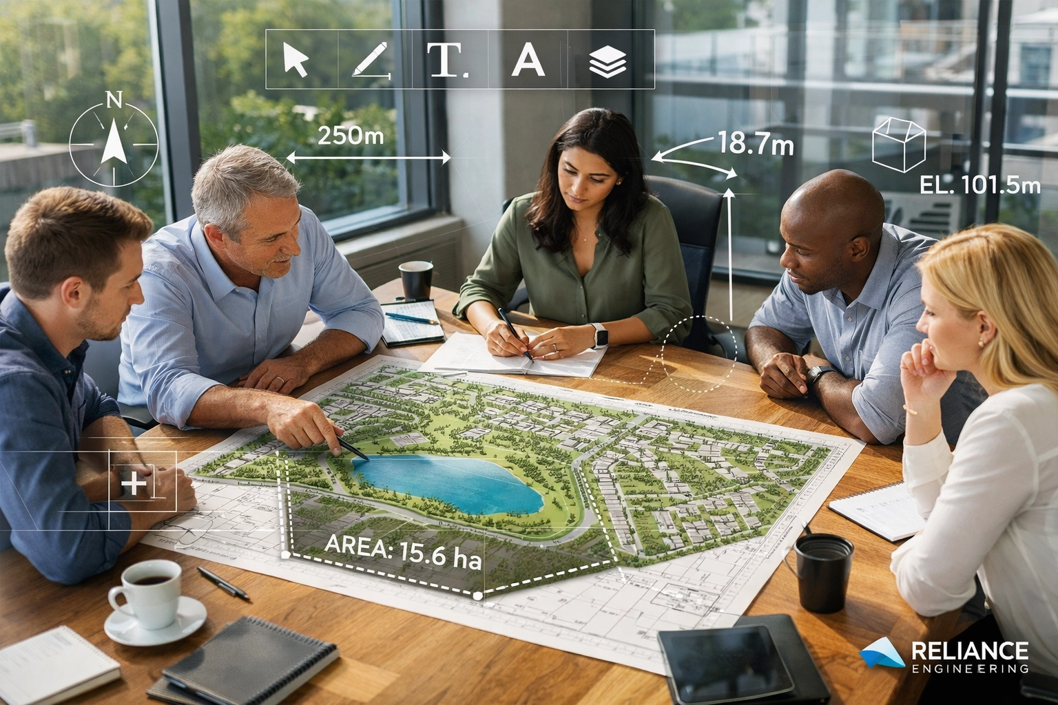 Professionals reviewing an Ontario development site plan during a municipal pre-consultation meeting.
