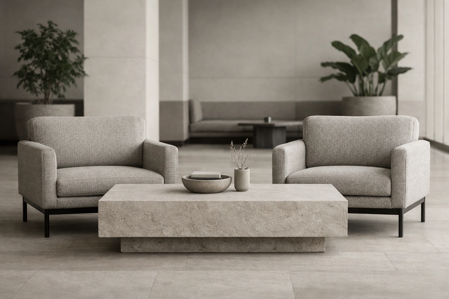 Minimalist hotel lobby armchairs featuring durable, high-traffic commercial furniture upholstery.
