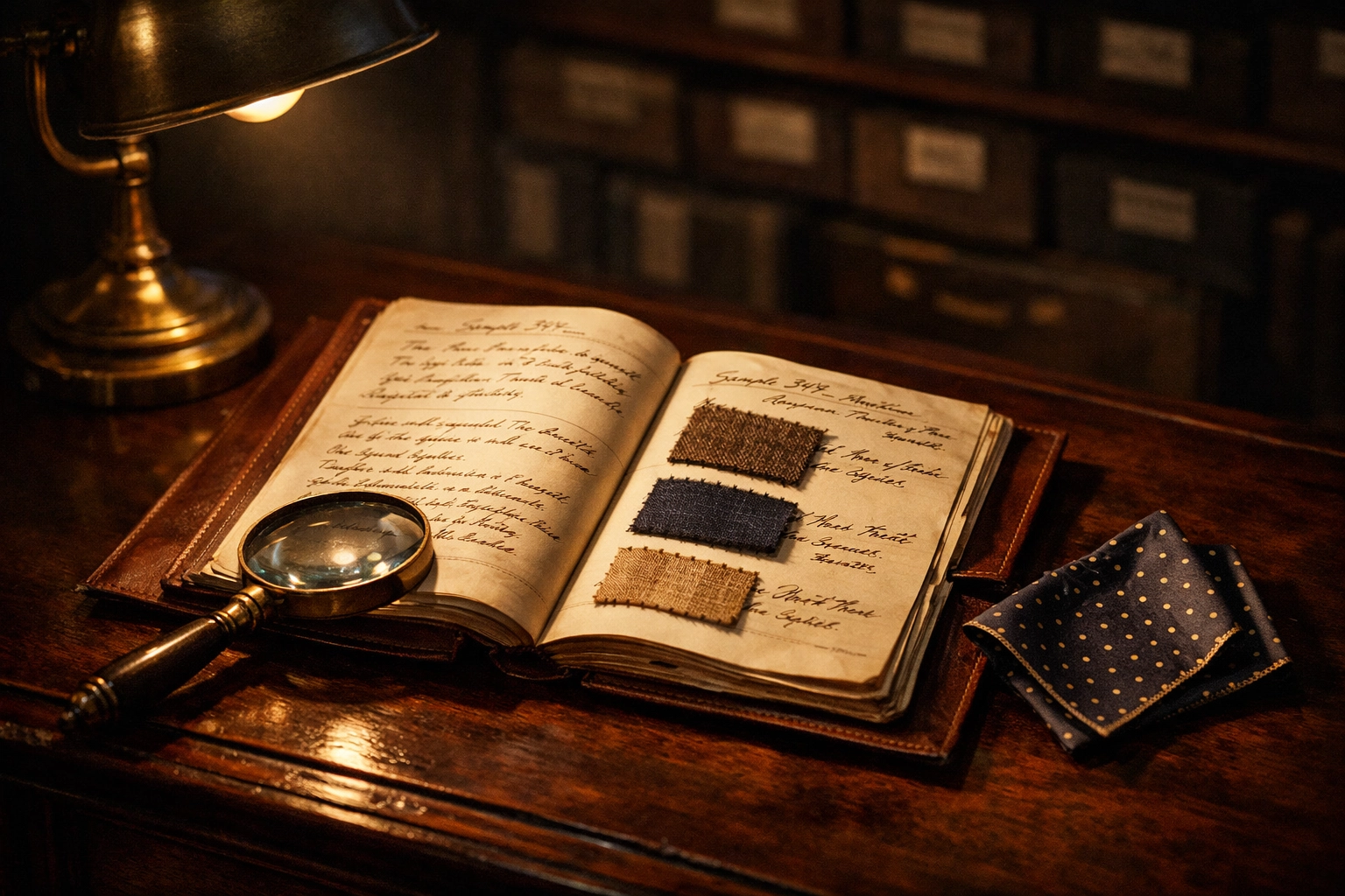 Legacy Archive leather journal documenting bespoke garments with fabric swatches and notes