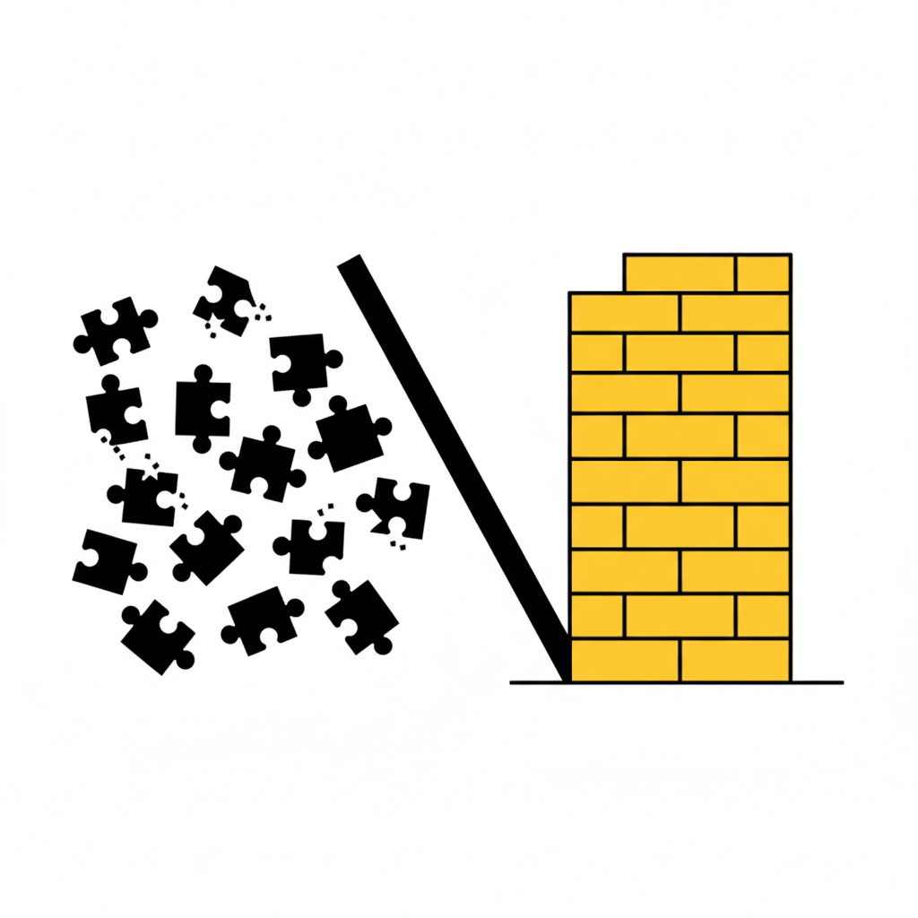 Black puzzle pieces lean against a yellow brick wall, appearing to fall. A minimalist design on a white background conveys collapse.