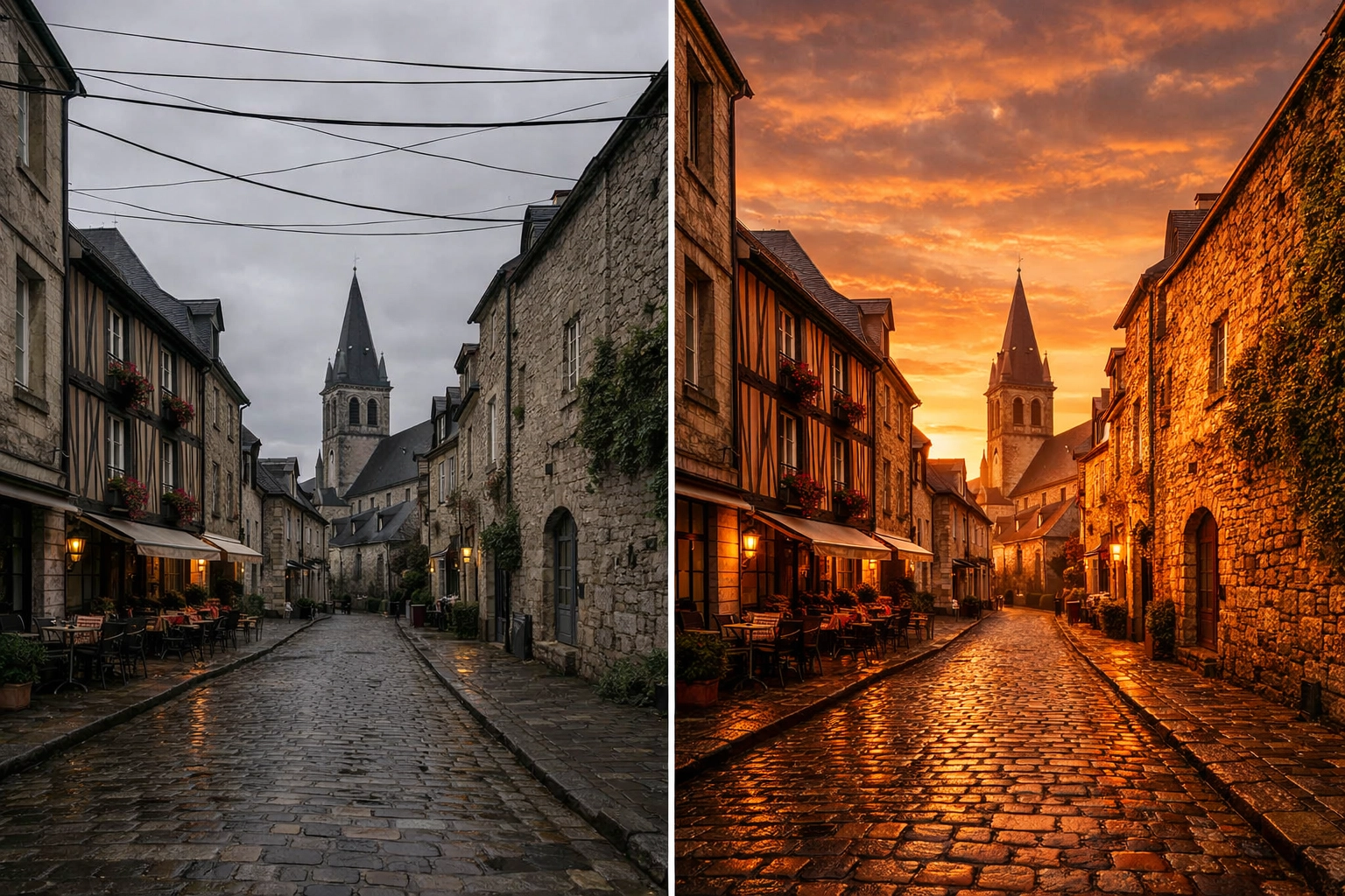 Before and after street photography using AI photo editing tutorials to remove power lines.