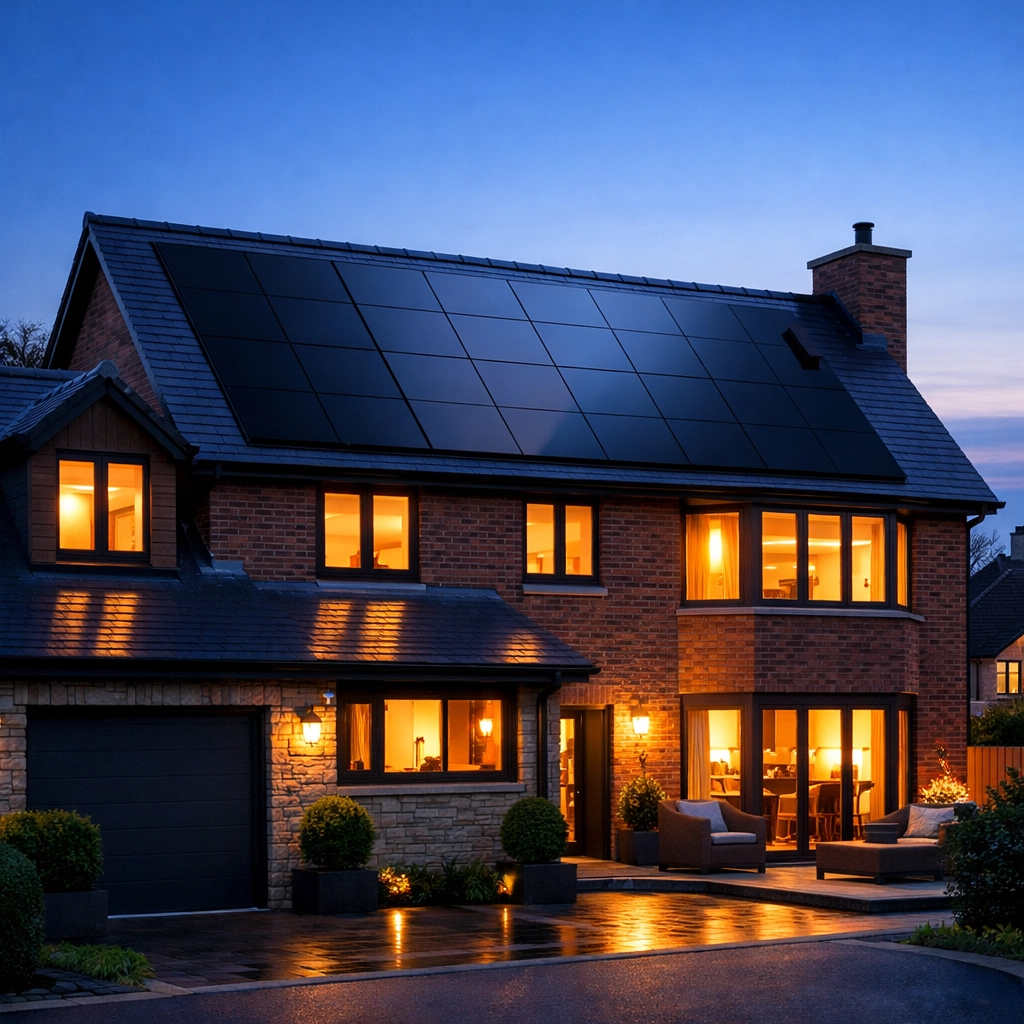 MCS-certified black solar panels on a slate roof of a modern UK detached house at dusk.