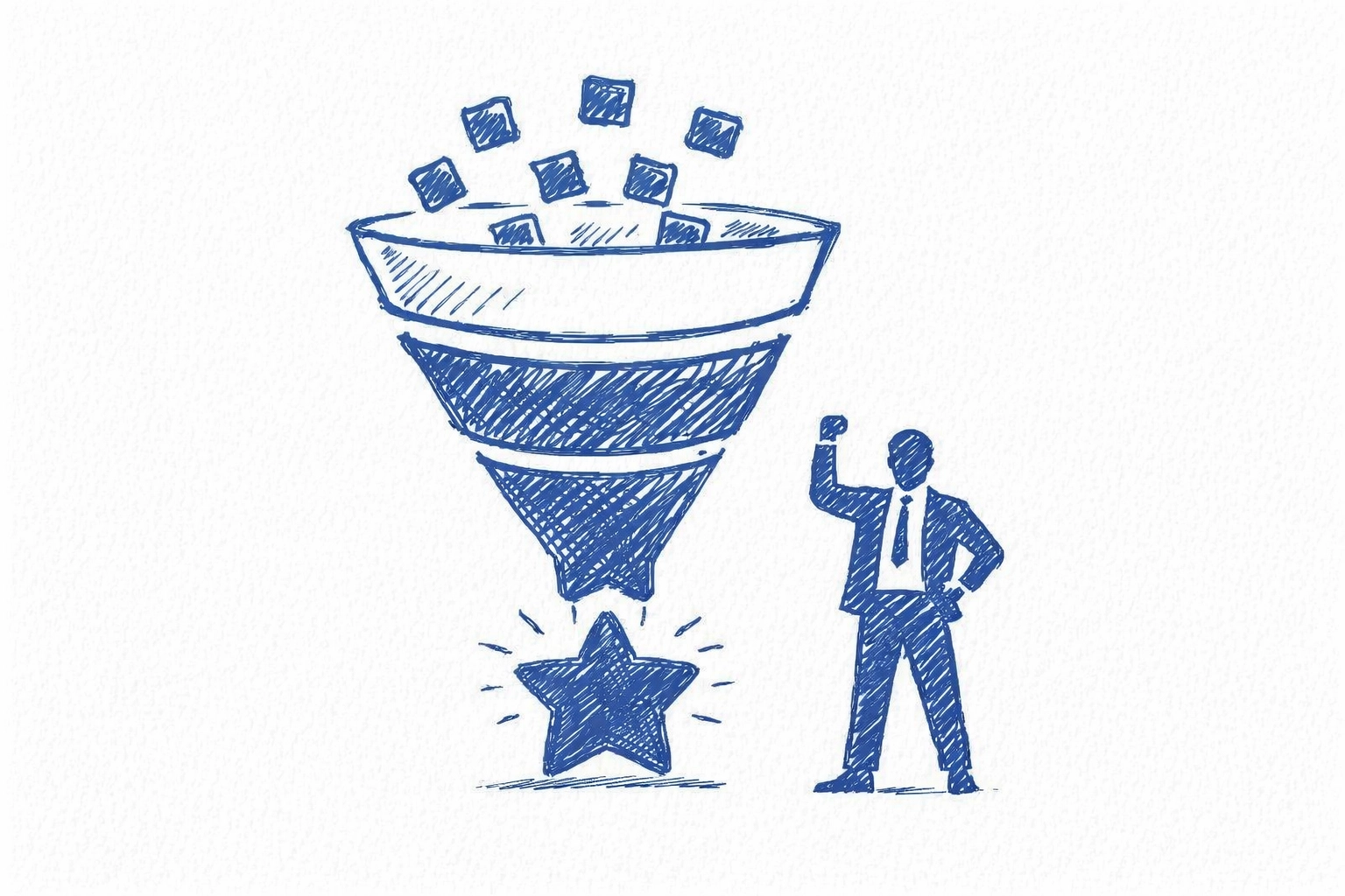 Hand drawn napkin sketch of a rough engagement funnel with top TikTok posts moving into patterns and a winning post icon on a white background