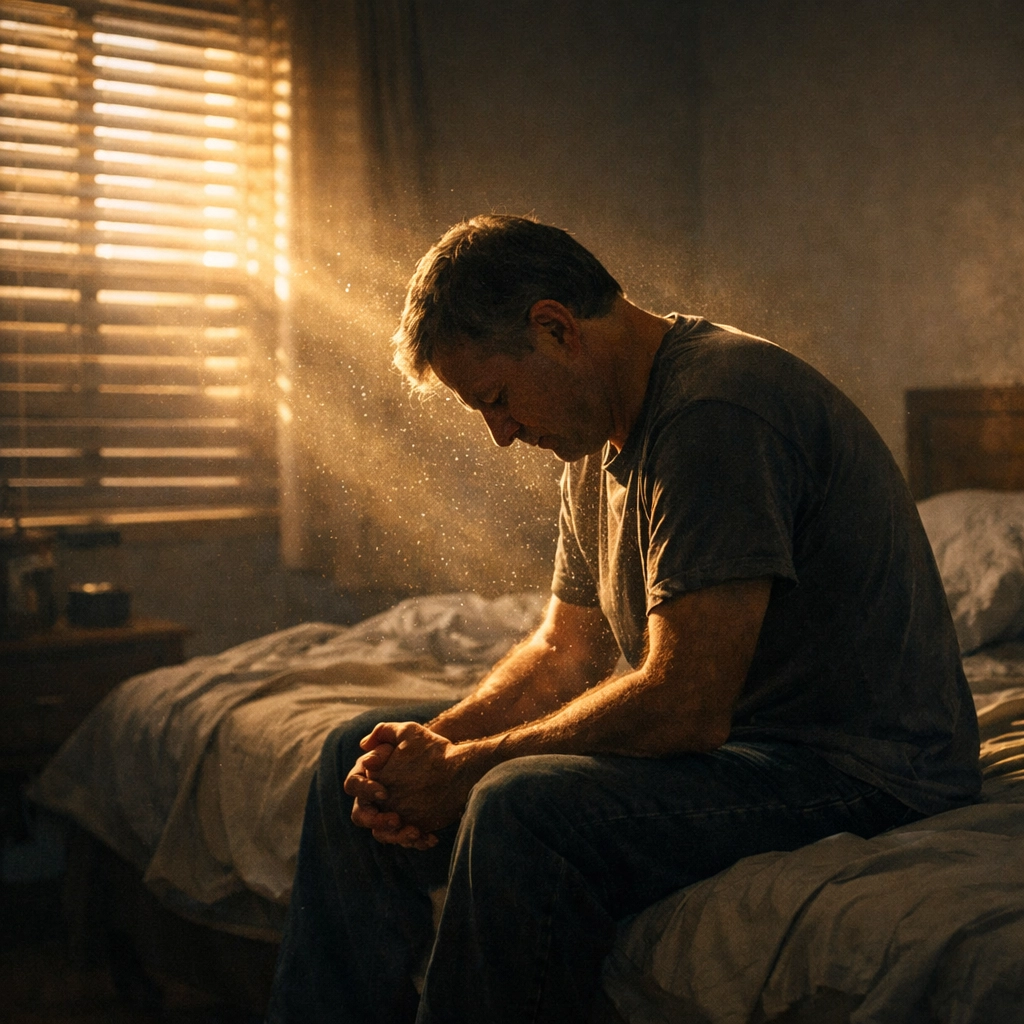 Man sitting on bed in morning light, head bowed in prayer during addiction recovery journey