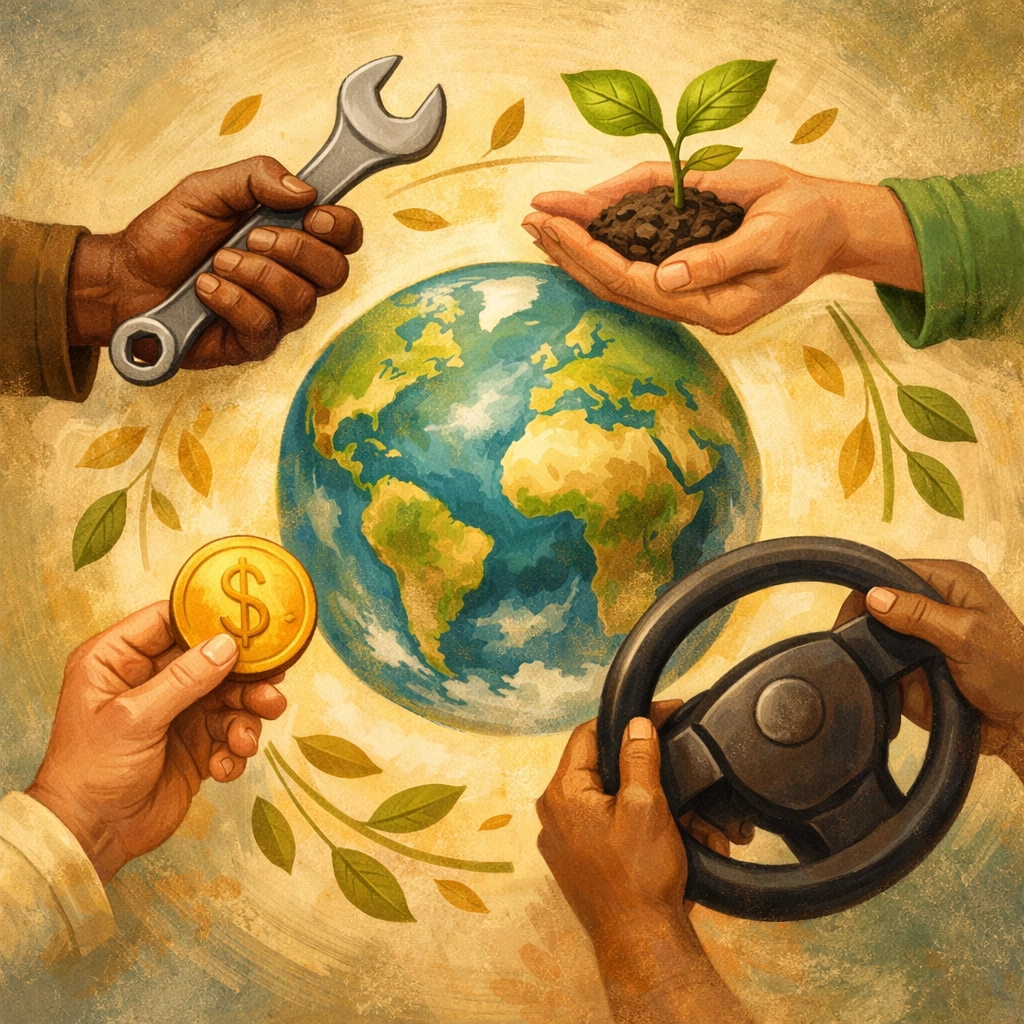 Diverse hands holding work, environment, and economy symbols around globe