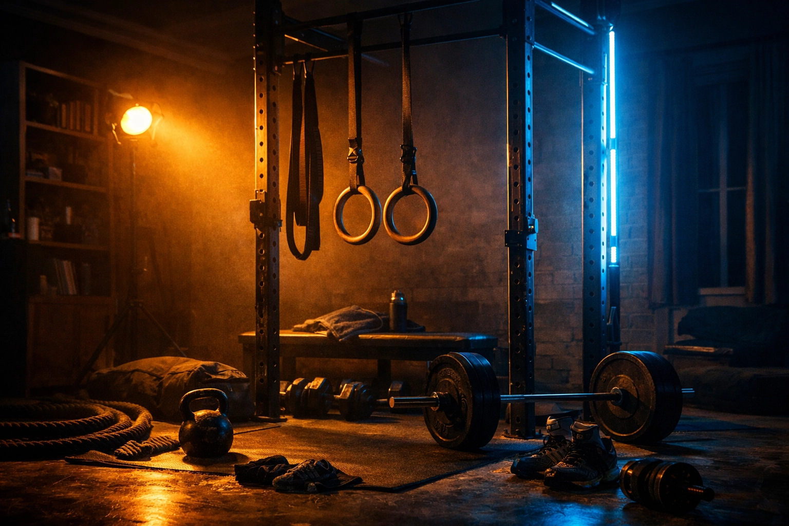 Versatile home gym corner with gymnastic rings and bands for a high-intensity full body workout at home.