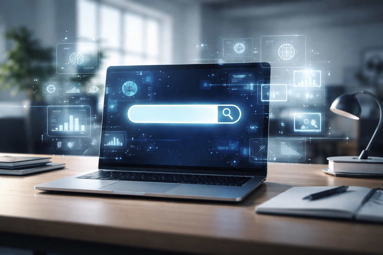 Modern office workspace showing a laptop with a glowing search bar, representing the evolution of SEO and digital marketing in 2026.
