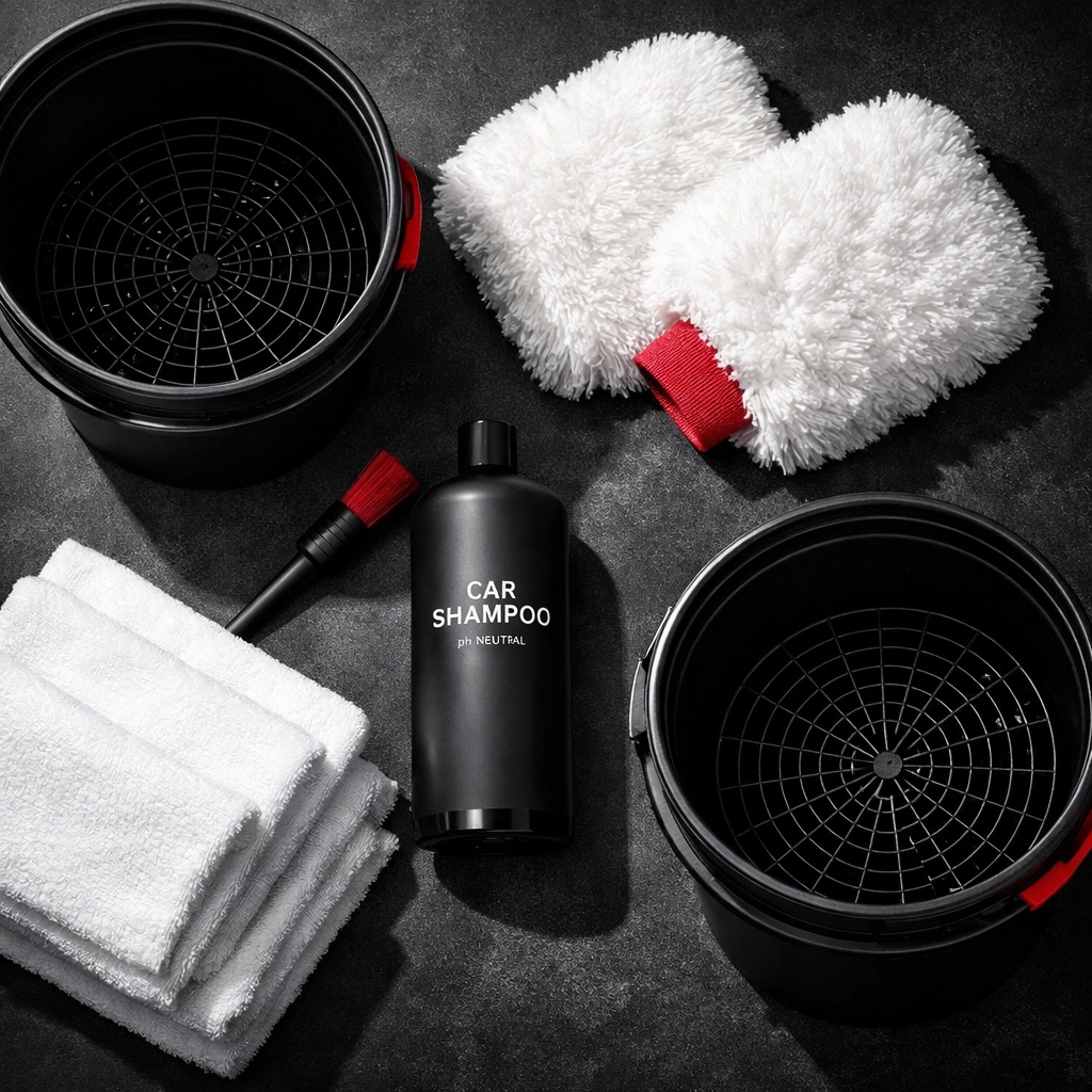 Proper car washing supplies: microfiber towels, pH-neutral soap, and buckets for hand washing