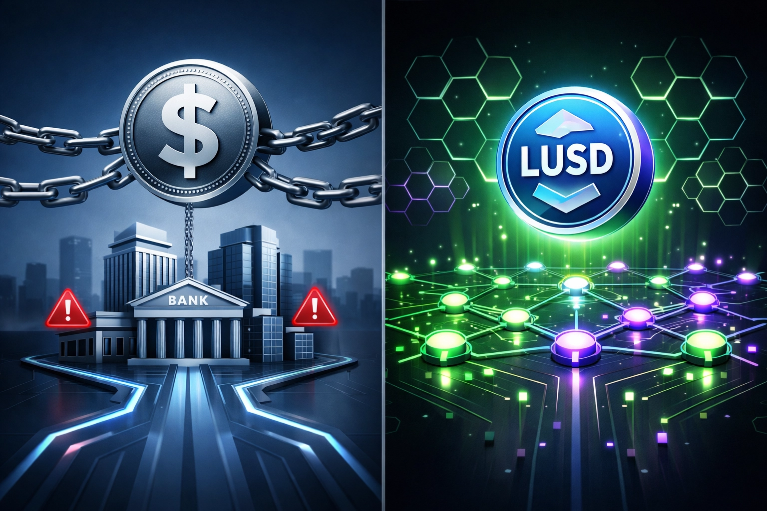 Centralized stablecoin connected to banks versus decentralized LUSD on distributed blockchain network
