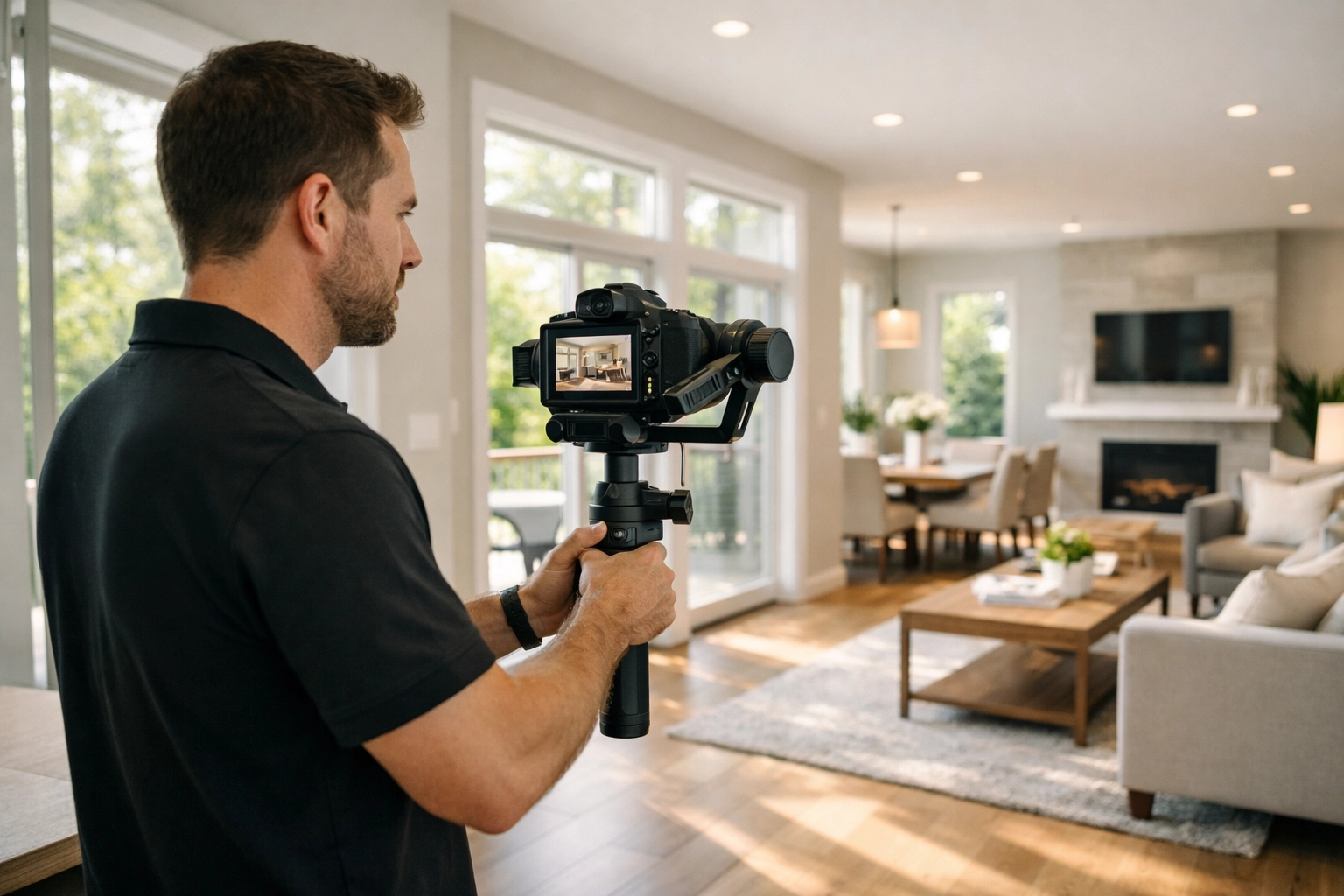 Professional photographer filming video walkthrough in modern St. Louis home with natural light