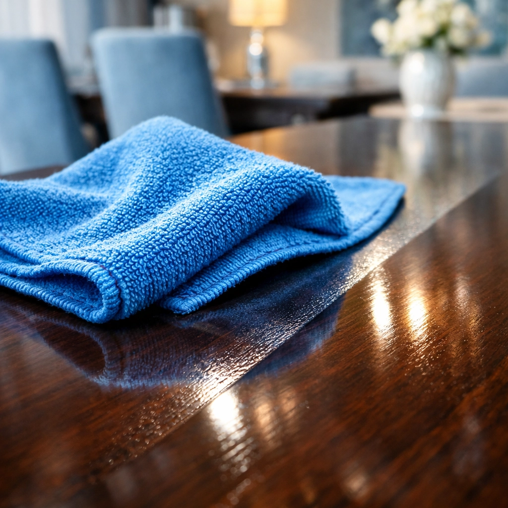 Professional blue microfiber cloth achieving a streak-free shine on a dark wood table.