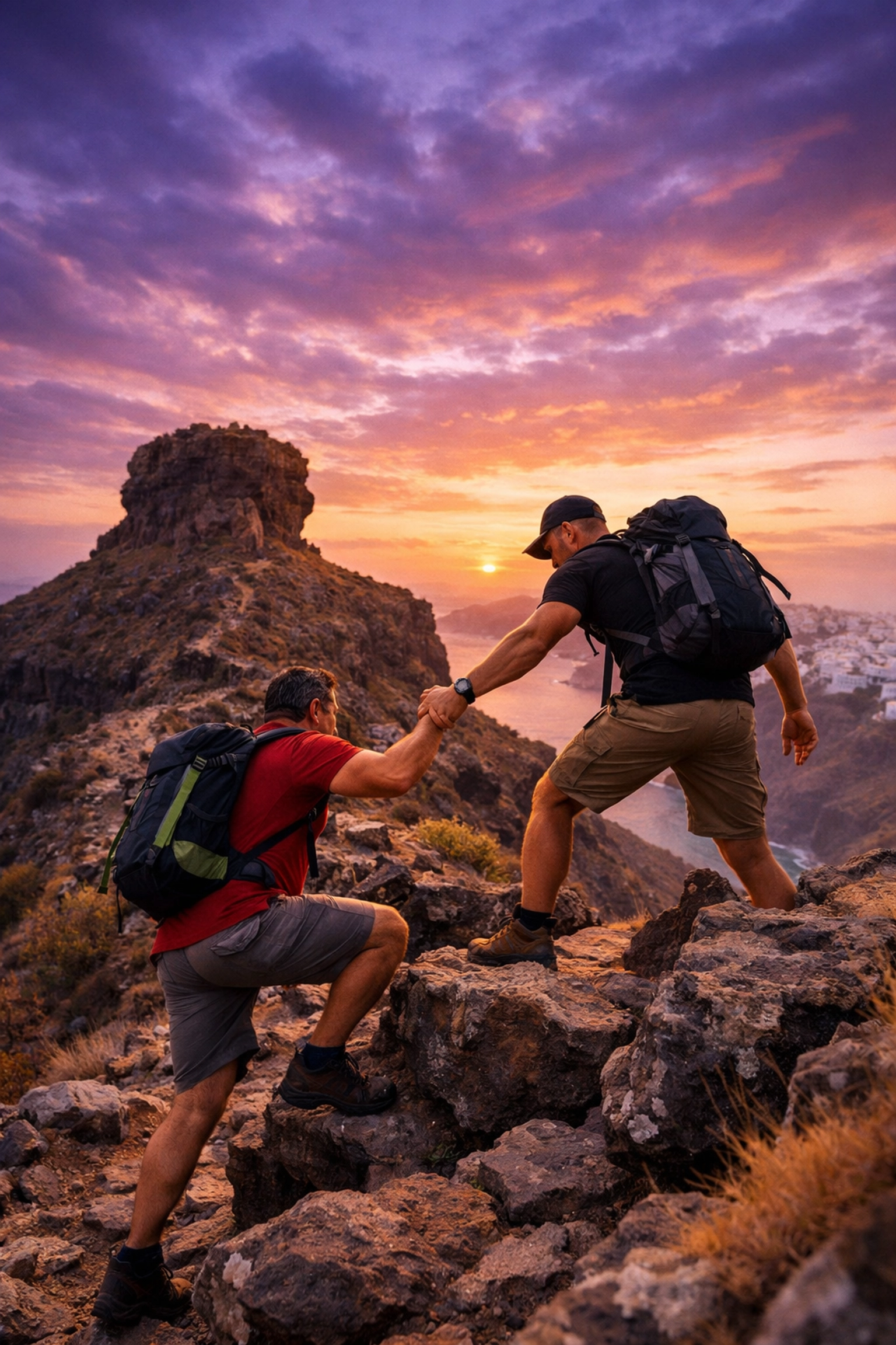 Two men hiking toward Skaros Rock in Santorini at sunset, evoking a travel-themed MM romance.