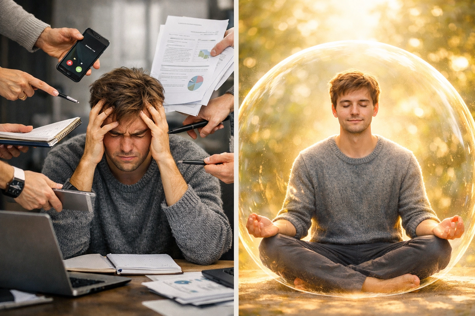 Before and after setting boundaries: overwhelmed versus calm and protected with personal space