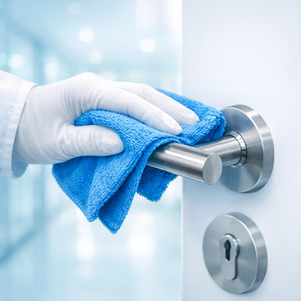 Professional office cleaning in Cedar Falls disinfecting a high-touch door handle for health.