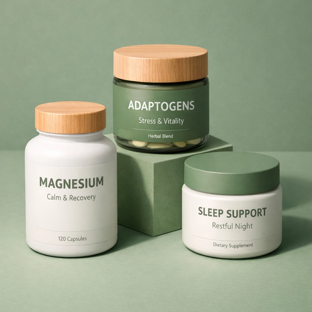 Three supplement bottles showing magnesium stack with adaptogens for stress management