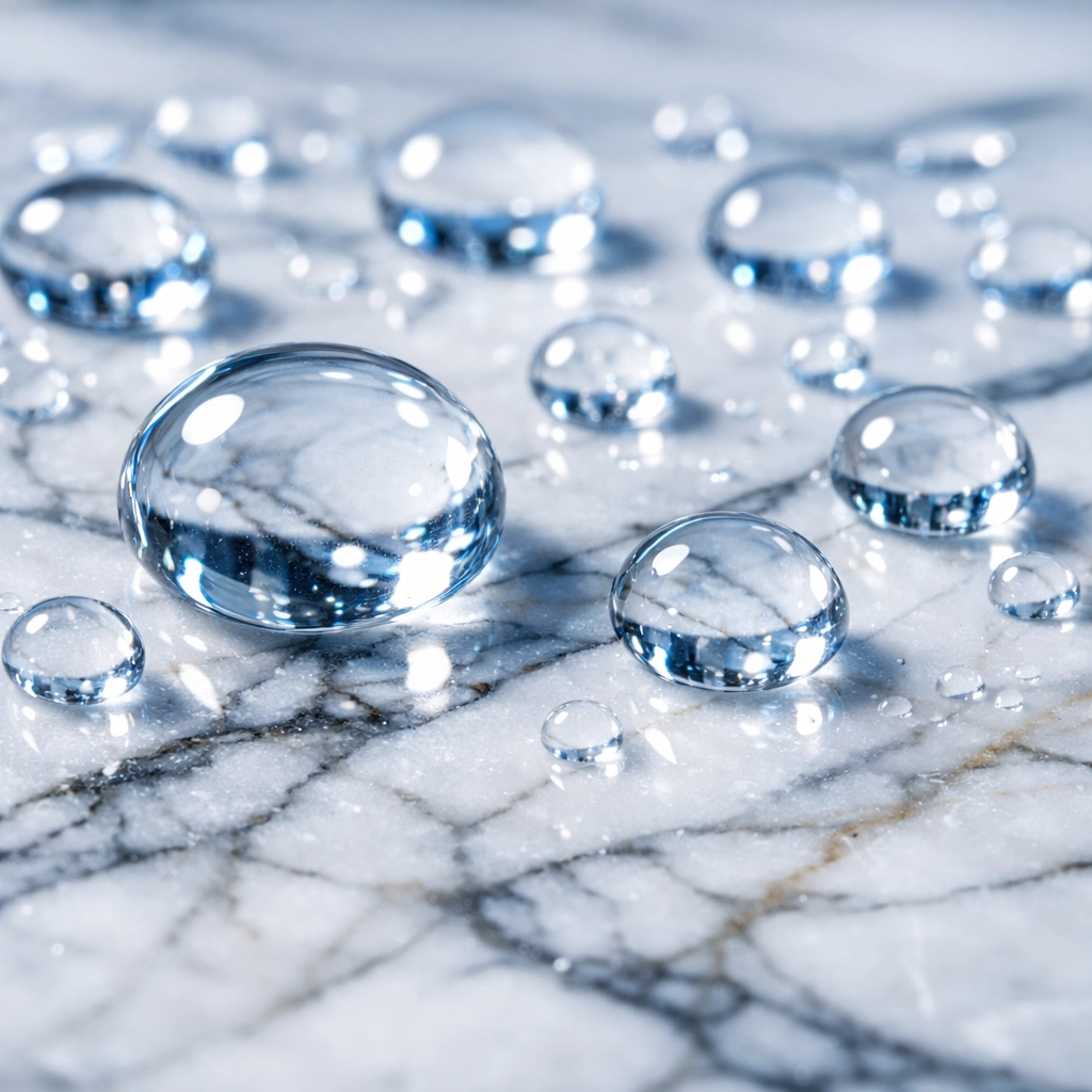 Water beading on a sealed marble countertop demonstrating professional stone protection.