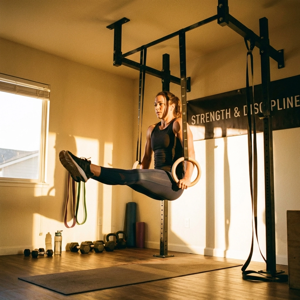 Female athlete doing hanging L-sit on gymnastics rings attached to home gym system