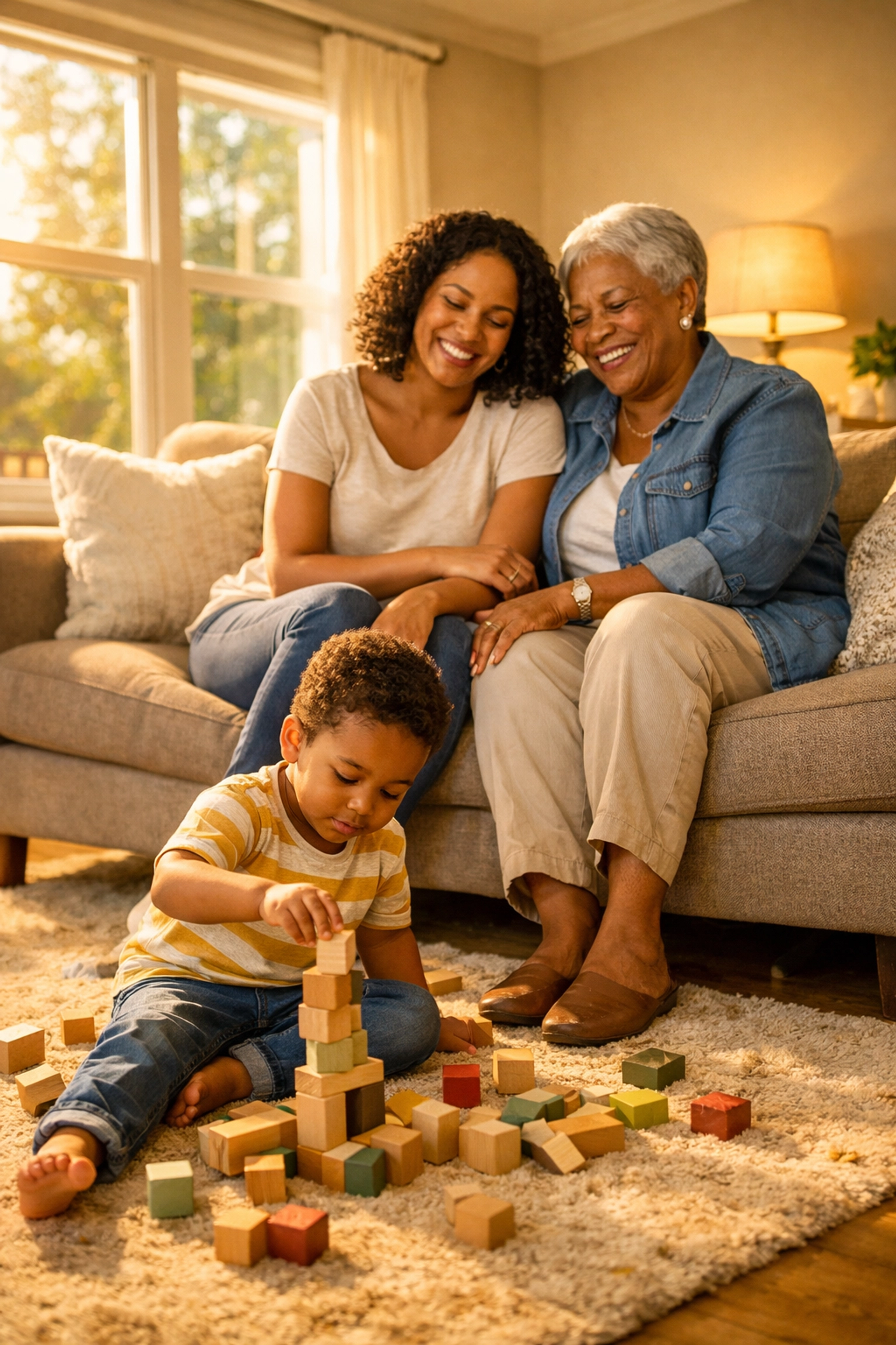 A happy Black family enjoying their new home after receiving housing support from Family ReBuild.