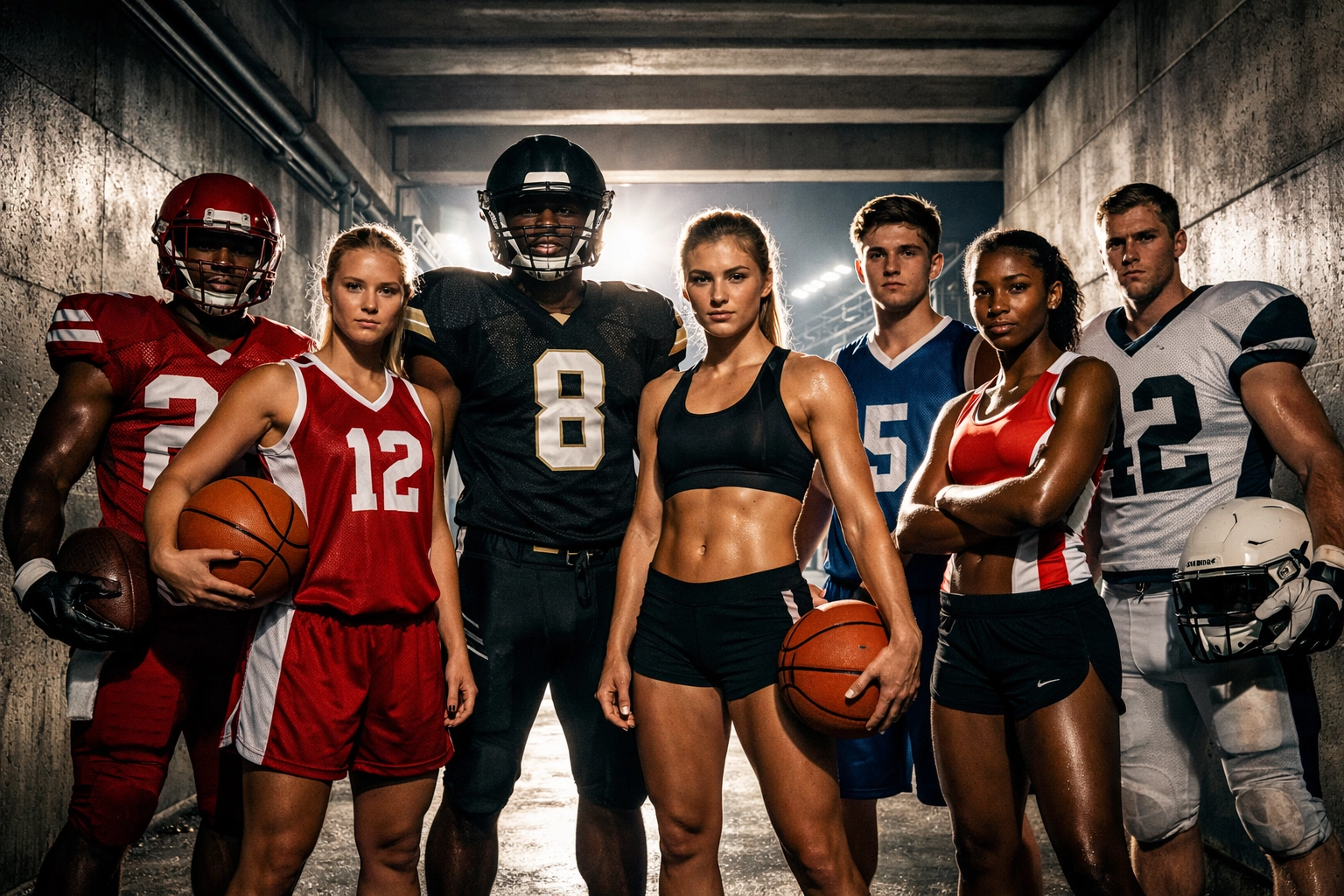 A diverse group of athletes in a stadium tunnel representing a powerful collective for NIL marketing.