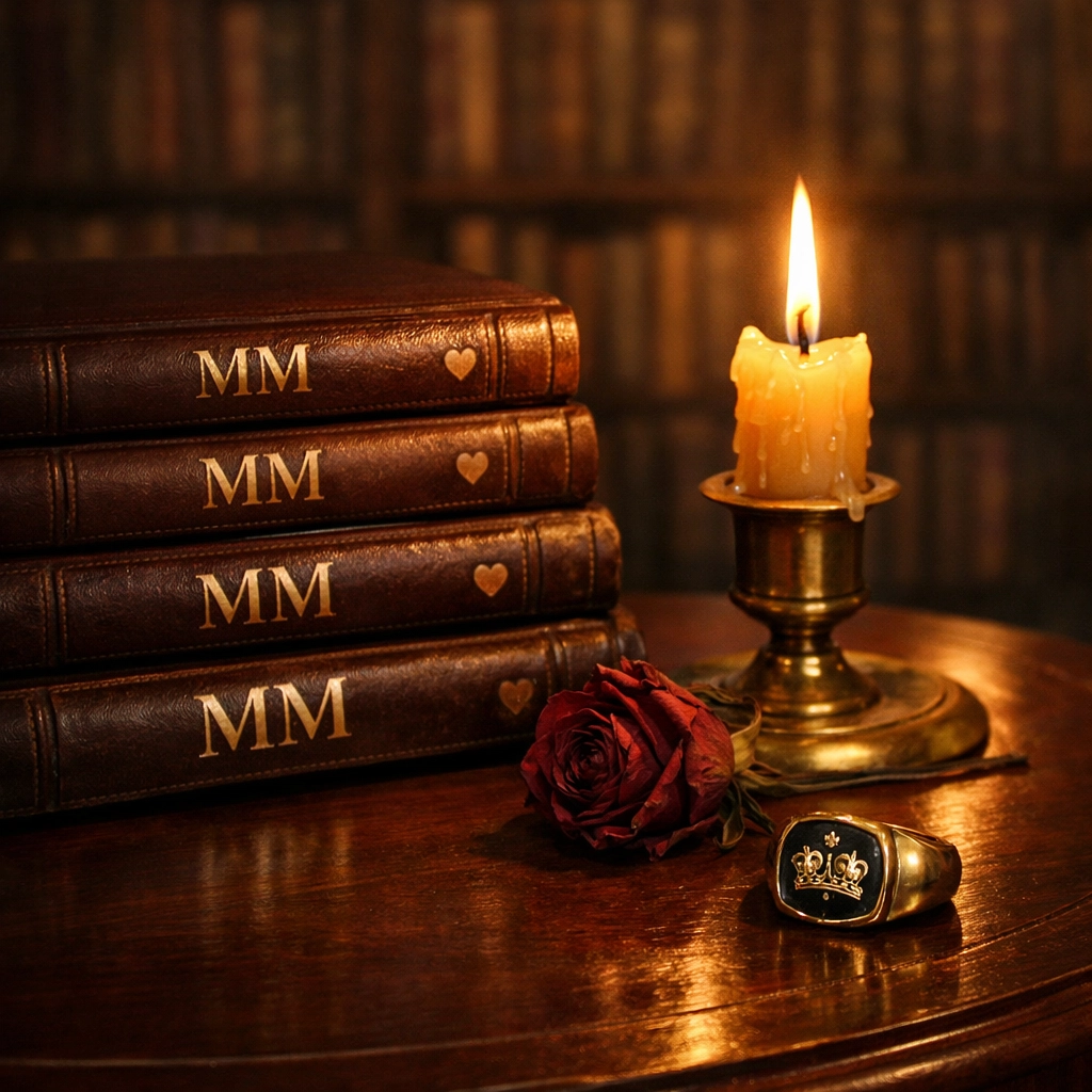 Leather-bound MM romance novels with a royal signet ring and candle, celebrating the best in queer literature.