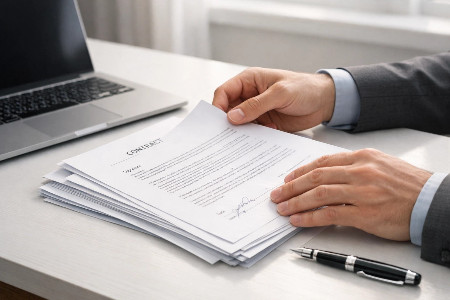 Tax professional organizing EFIN and Georgia business registration documents on a modern office desk.